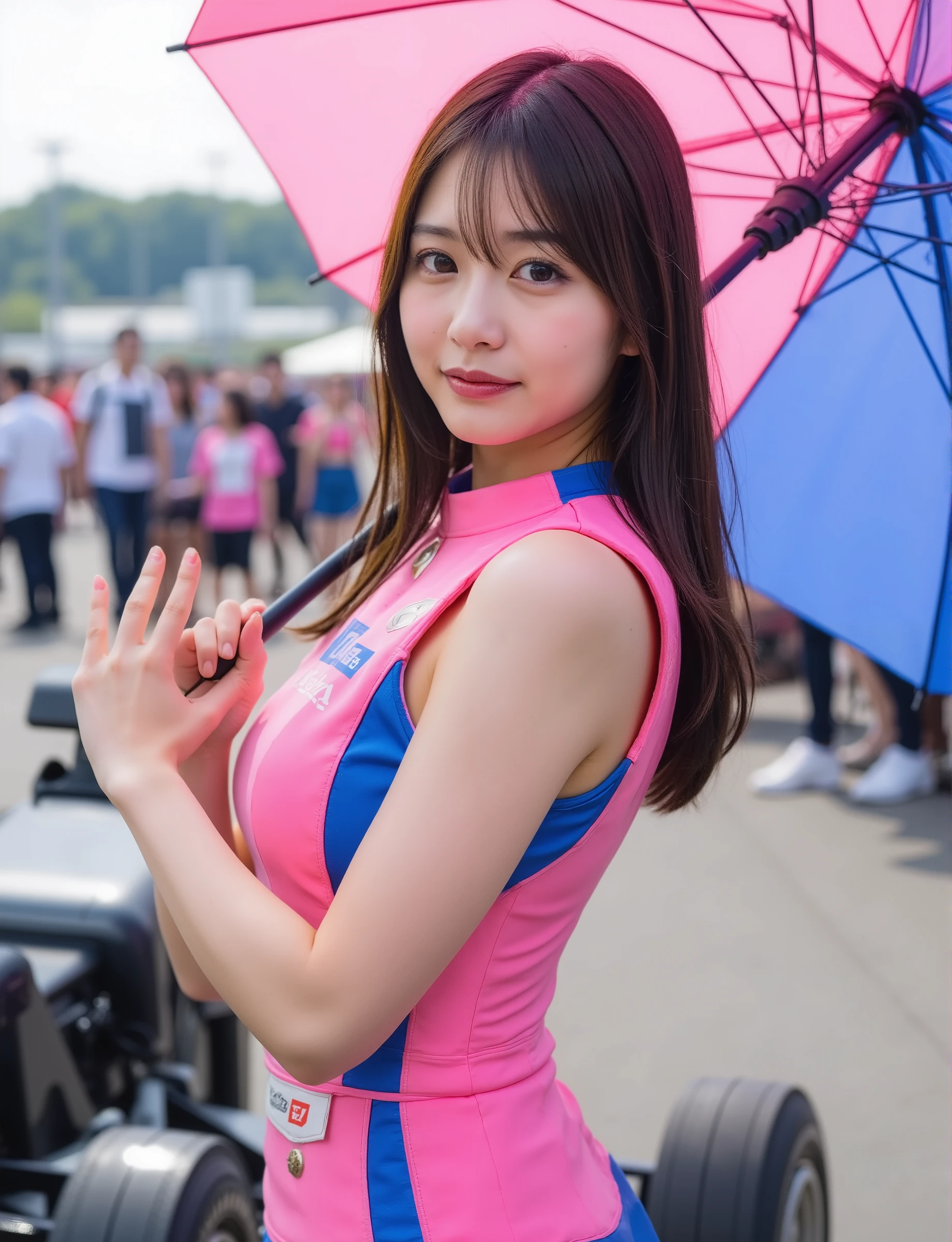 holding a large pink blue umbrella. She has long dark hair is posing with one h on her hip the other holding the umbrella with the other. there are several race cars spectators.,(衣服にはスポナーのロゴがある "トヨタ" "GAT1":1.5),レースクイーン,ノースリーブ,美しい日本の,动态角度,20歳,パンティストッキング,笑顔,自然,, 詳細な肌のテクスチャ, (:0.5), ( グースバンプ:0.5), サブサーフェーススキャタリング