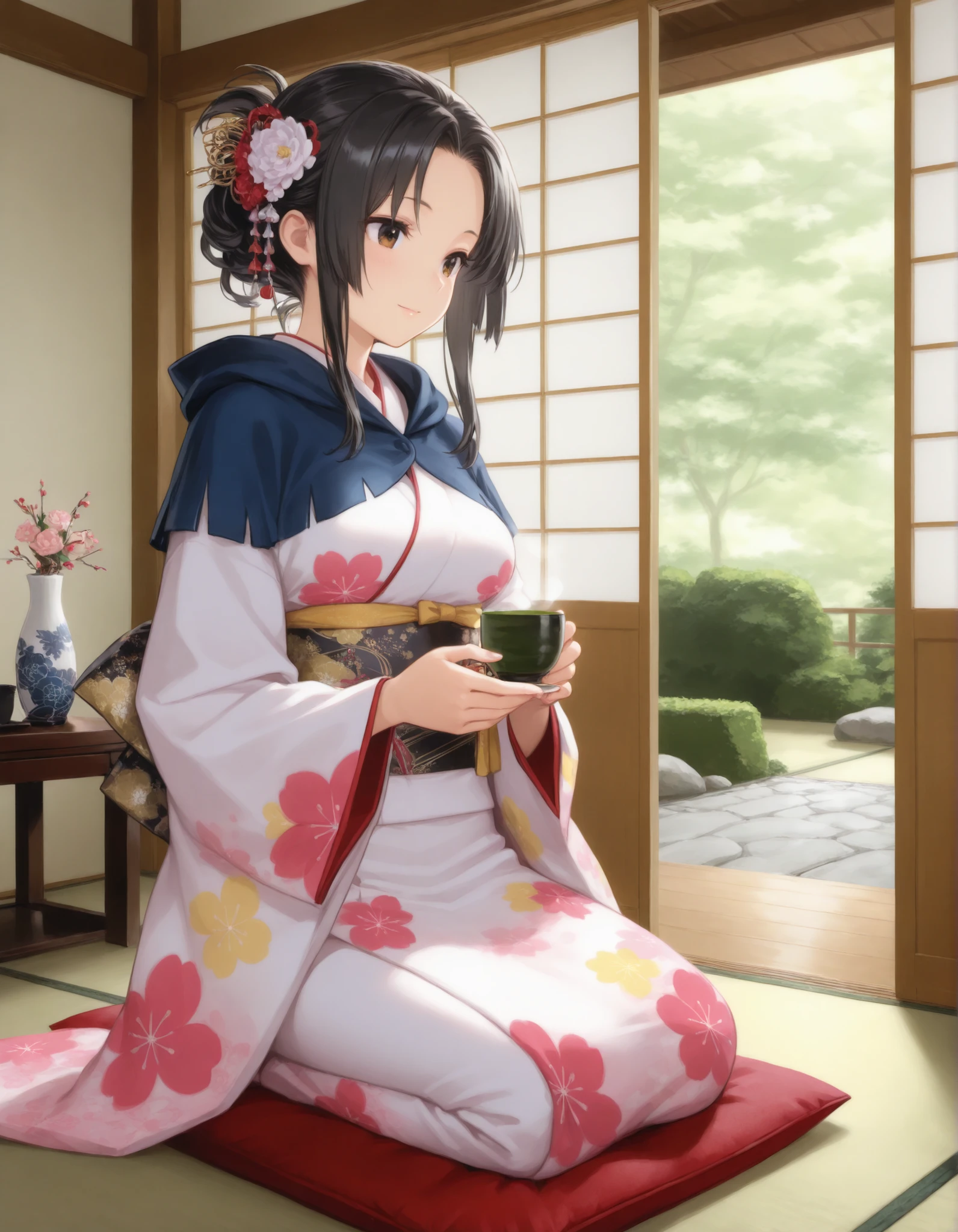 A graceful Japanese woman in an elegant, colorful kimono sits formally in seiza position in a traditional tatami room. She gently holds a cup of green tea, savoring its aroma with a calm expression. Her long black hair is styled with a delicate kanzashi hair ornament. Beside her, a single-flower vase (ichirin-zashi) sits quietly on the tatami, adding subtle elegance. The sliding shoji doors are partially open, revealing a beautifully maintained Japanese garden outside with lush greenery, stones, and manicured shrubs. Soft natural light enters the room, enhancing the serene and peaceful atmosphere. The kimono details and minimalist tea set are finely depicted.