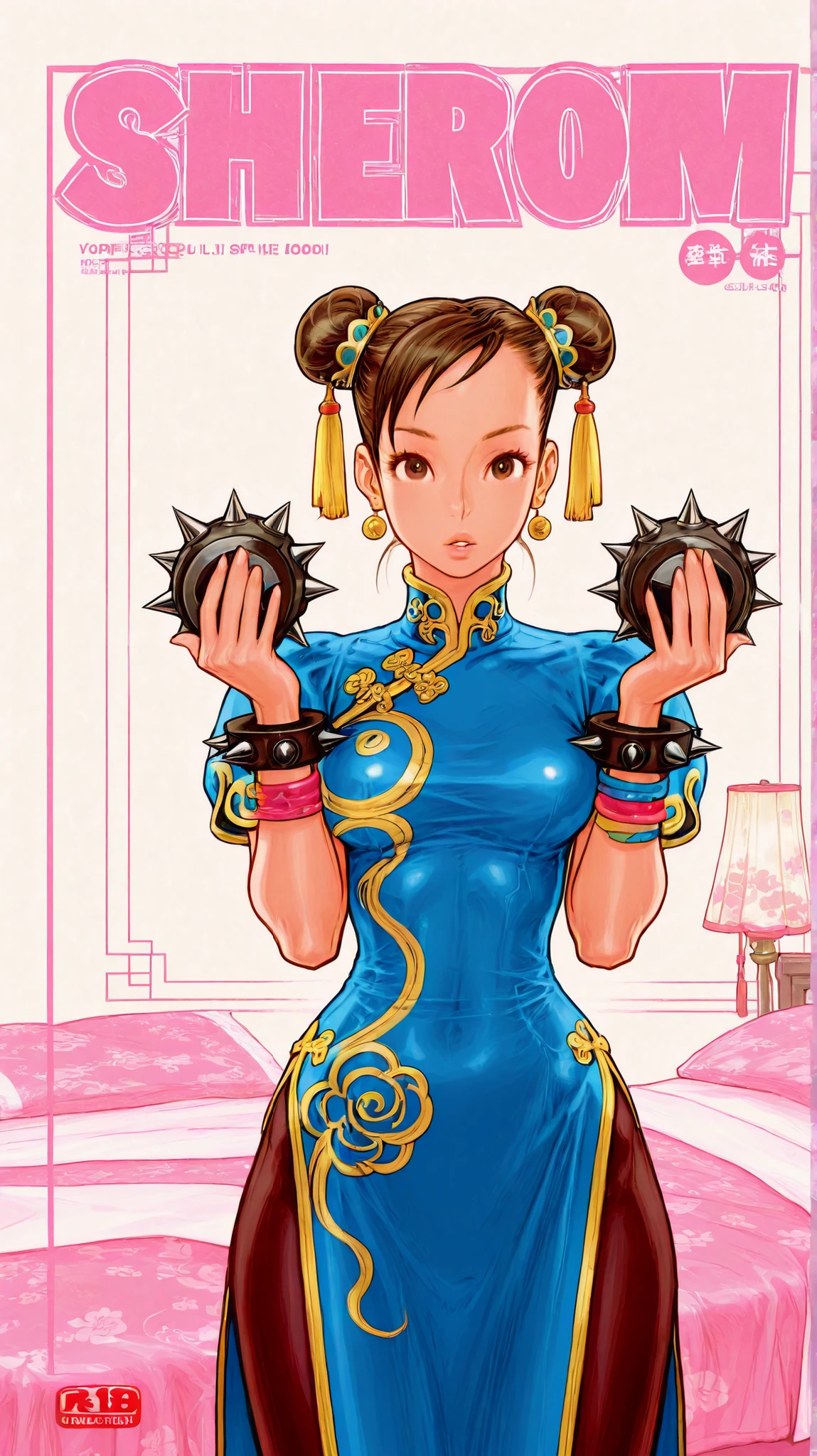 super zoom up on her face 、1 girl,solo,Chunli,Pantyhose,dress,,hair bun,Chinese clothes,Pelvic Curtain,bracelets,spike, jewelry,china dress,double bang,band,spiked bracelets,brown hair,standing , buncover,brown eyes in the bedroom,standing、 super face up looking at the viewer、white background、