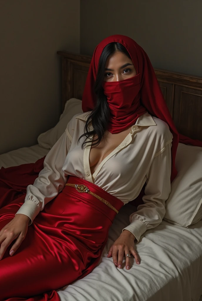 A person with eyes covered by a red cloth sits cross-legged, meditating with six arms