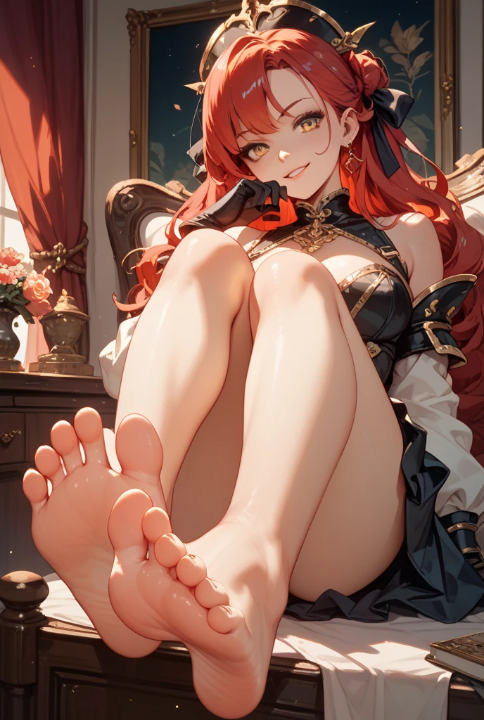 feet, soles, indoors,, masterpiece, best quality, absurdres, highres, 4k, ray tracing, intricate details, highly detailed, (1 arabic mom:perfect face, cute, small breasts, long ginger hair, petite)