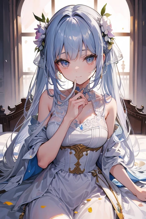 (masterpiece, best quality, ultra-detailed, best shadow), (beautiful detailed face, 1girl, solo), high contrast, (best illumination, an extremely delicate and beautiful), depth of field, soft lighting, absurdres, look at the viewer, kamisato ayaka \(flawless radiance\), (light blue hair, ice blue eyes, cute face, long hair), kamisato ayaka, ponytail, kote, kusazuri, blunt bangs, hair ribbon, red ribbon, (white wedding dress)<lora:kamisatoAyakaSpringbloom_v10:0.6>, medium breasts, day, flower, colorful, hyper detail, dramatic light, intricate details, liptick, smile, sitting