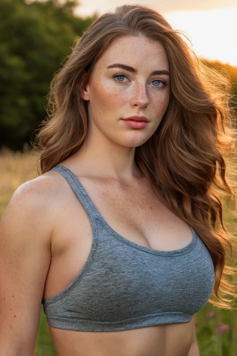 blue jeans, white tank top, sunny blue sky, wheat field, (bella hadid:1.1),beautiful detailed face,long red hair,ginger, red head ginger,long red-haired girl with green eyes,realistic photo,highres,ultra-detailed,photorealistic,vivid colors,bokeh,concept artists,green eyes, long red hair,ginger,red head ginger,best quality, 4k, 8k, highres,masterpiece:1.2, ultra-detailed,realistic, photorealistic, photo-realistic:1.37,