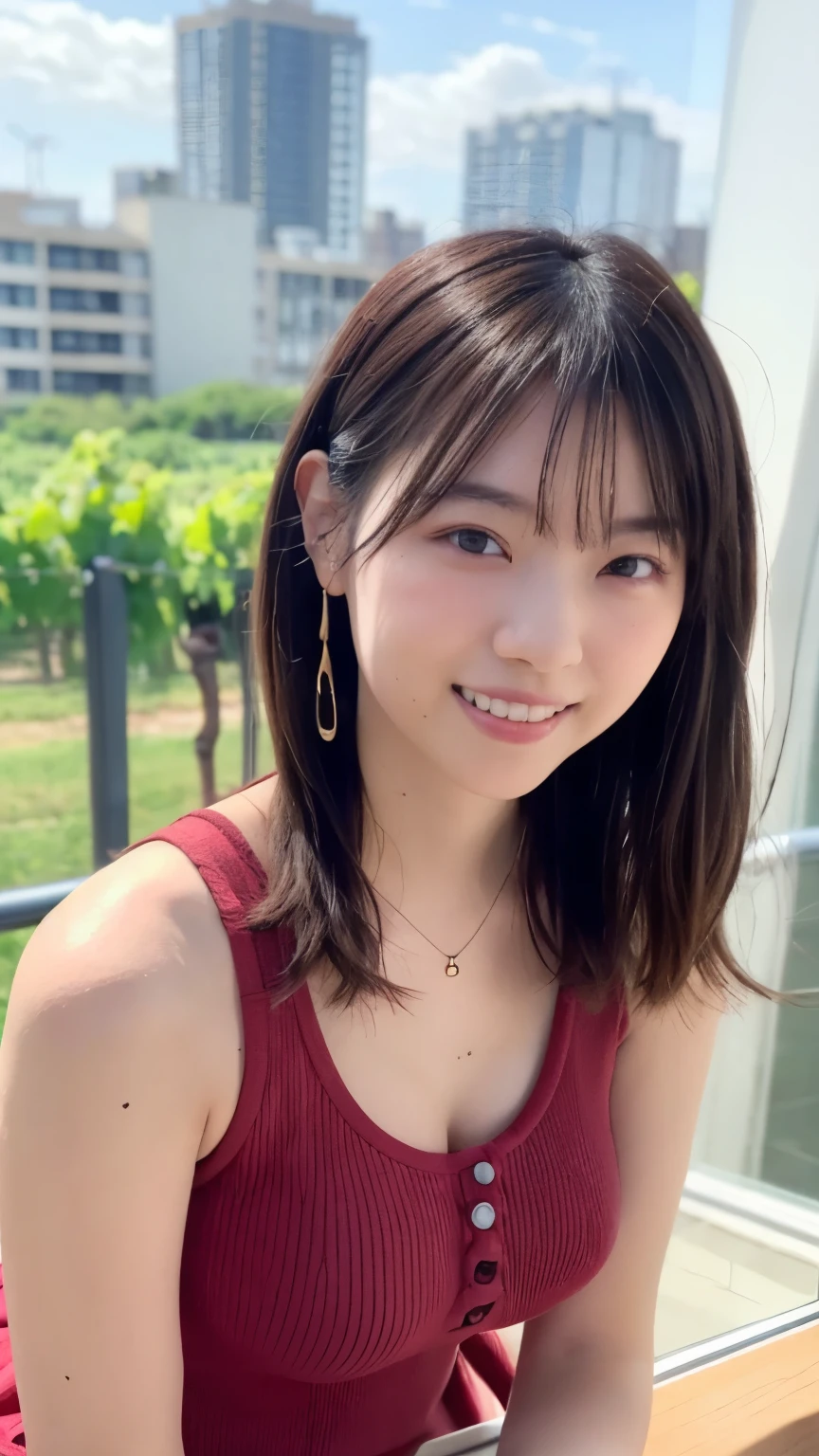 1 Japanese beauty , depth off field, first-person view, f/1.8, 135mm, Nikon, ultra high definition, retina, masterpiece, accurate, anatomically correct, textured skin,Very white skin、 clear skin 、 Super Detail, high detail, high quality, Best Quality, high definition, 1080P, high definition, 8k, (big boob:1.4), Japanese beauty 1 person, (Big round eyes:1.4).(she has heterochromia, and her eyes are different colors, which makes her incredibly captivating)、(Drunken Blush Makeup)、round face、She is smiling very happily、INSANELY BEST SMILE、is smiling with her mouth open、Her front teeth are neatly arranged、cute little vampire fangs、(Braided Top Knot,twisted side part ponytail、Braided Headband,half up、Braided Space Bang,voluminous fishtail braid,Twisty Bang)、(She is wearing a tight tank top of ribbed material with buttons on the front(wine red:1.5))、break、(She's wearing a see-through panties)、She is in an IT firm's office at sunset、break,She is sitting in a window seat、I can see a skyscraper city out the window