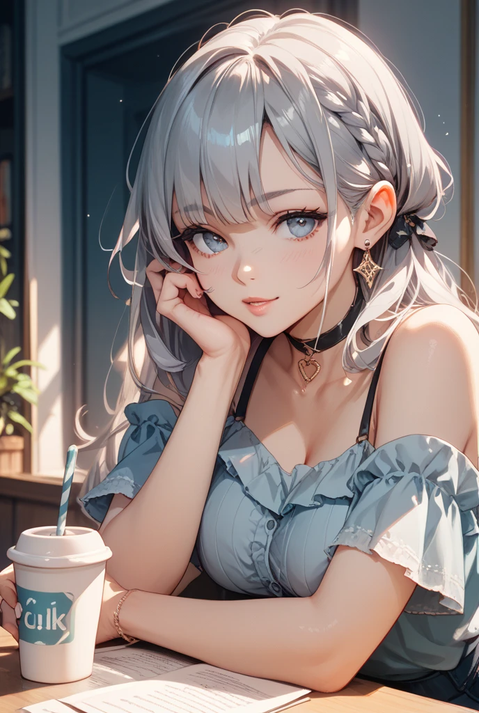 master part, best quality,Rainha, 1girl, sozinho, cabelos longos, janela, sentado, dentro, mesa, mangas passadas pulsos, coffee shop, hairbow, head rest, boca fechada, camisola azul, parte superior do corpo