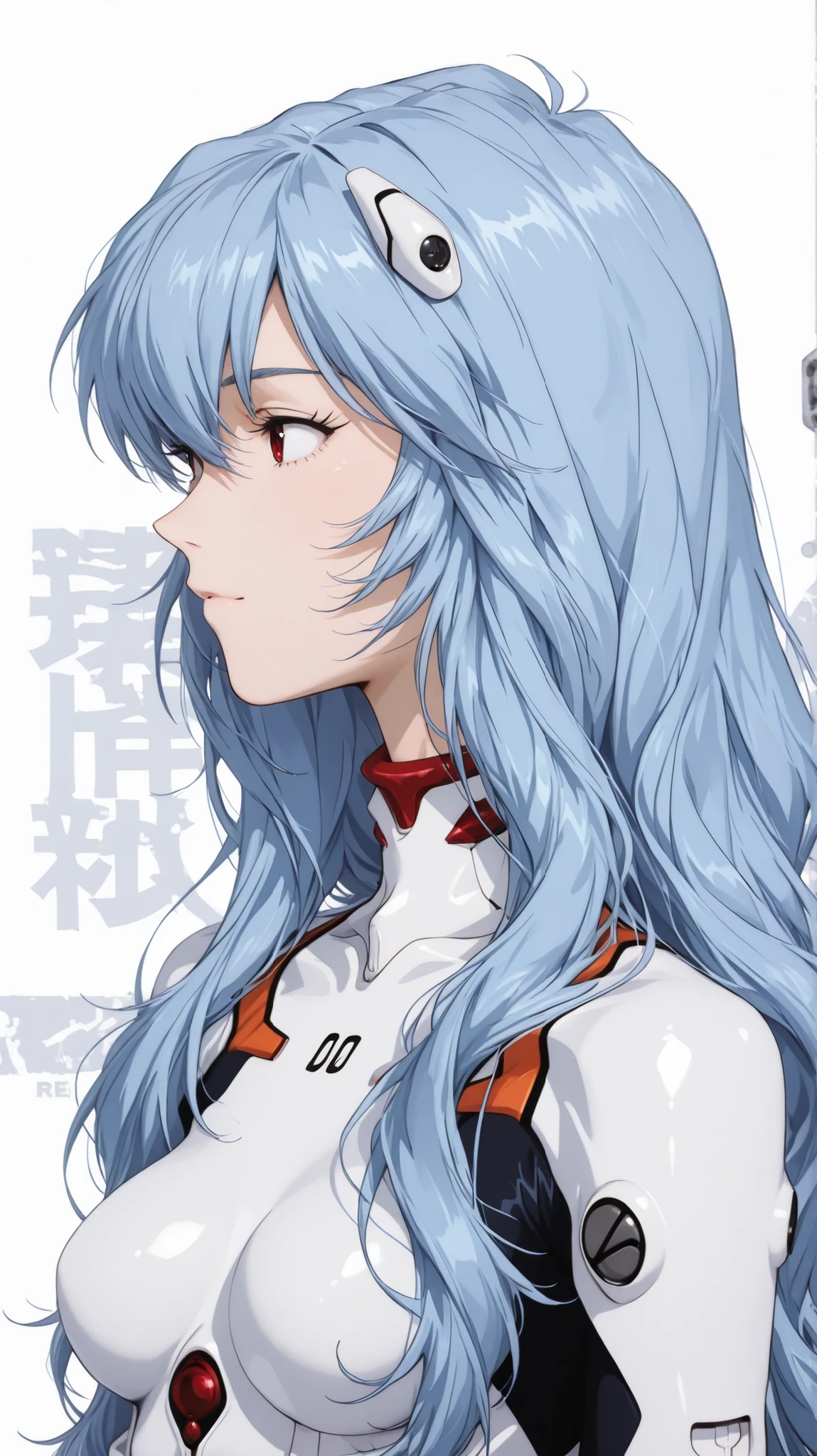 Ayanami Rei
Ayanami Rei、girl in black、long wave hair、white bodysuit、plug suit on background、pilot suit、profile、upper body up、white background