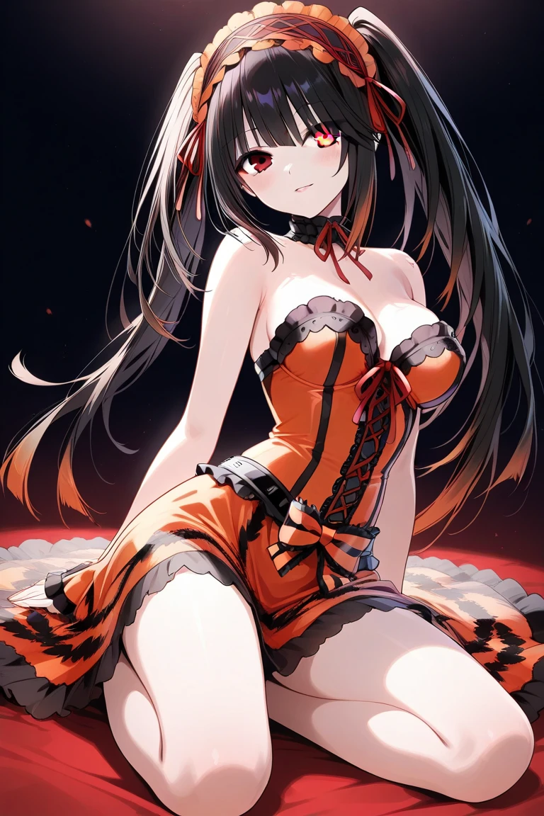 1 girl、kiss，Red lips，Fox ears，(8k、Highest image quality、best quality、masterpiece)、Orange latex tights，Orange headdress，slim，Large Breasts，Extremely detailed facial details, handcuffs，collar，Calm expression,Red lips，sweet smile，Black long hair, Charming red eyes, Fox ears, Ridiculously big, glowing skin,forest，Flowers