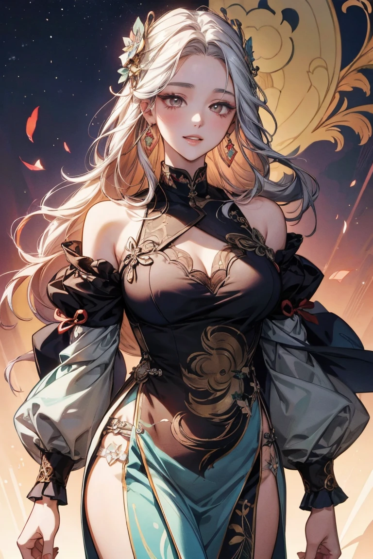 best quality,Unique,Young and beautiful queen,Lilac hair,Charming smile, ,Skin radiance,Plump,Ideal body proportions,Beautiful breasts,Noble clothing,Luxe Maxi Dress,Headdress,earring,Dynamic Angle,Random pose,blush,Luxurious garden background,