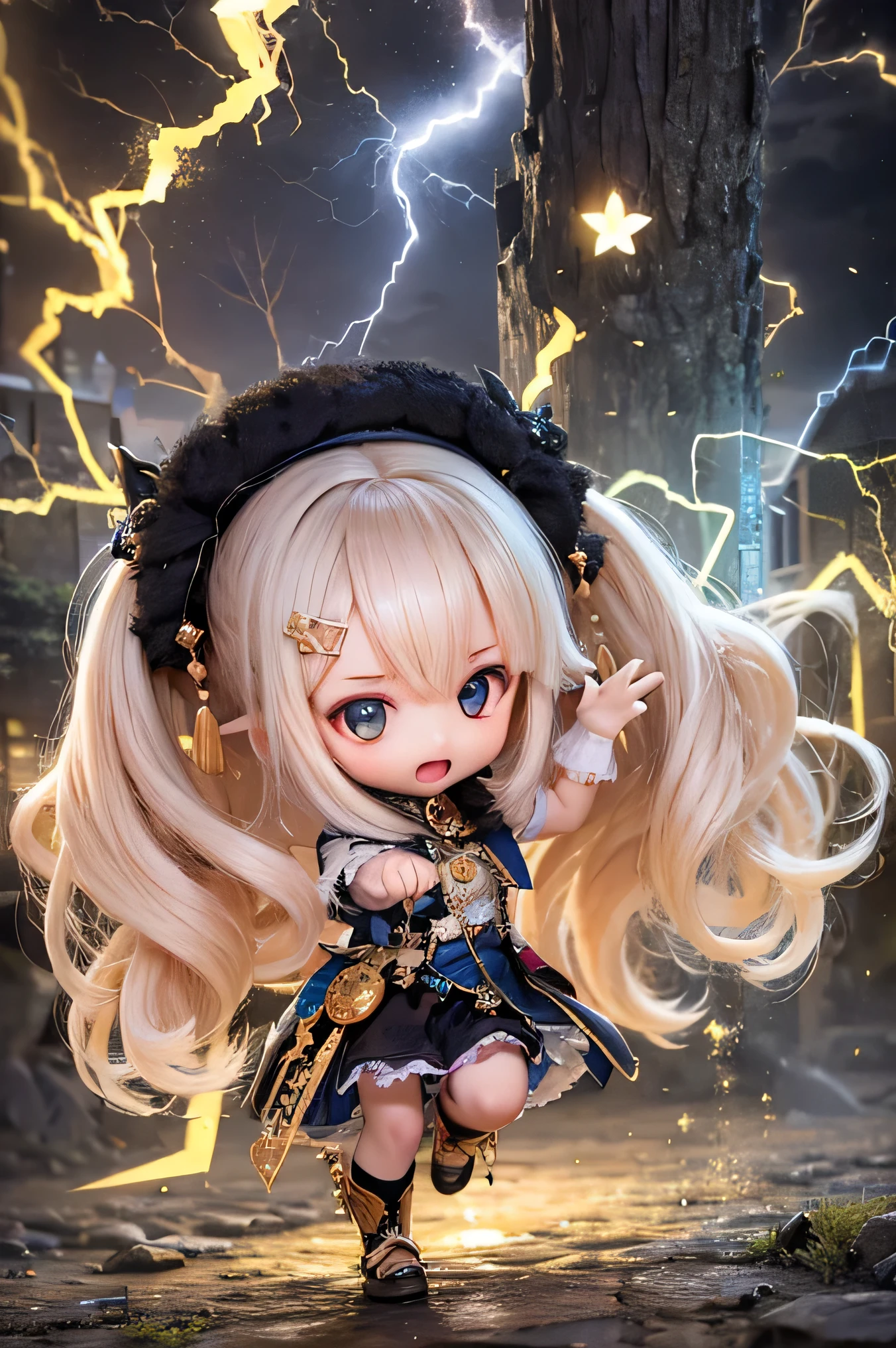 (Chibi:1.5)((masutepiece, of the highest quality, Watercolor art (Pendants), Beautiful and aesthetic: 1.2)), (Golden ratio: 1.2), (Full body: 1.2), (Super Detail: 1.3), (1 persons:1.5)、(1 girl: 1.3), (Fractal Art: 1.3), (Glitter Pupil)),(Brown hair: 1.2)),  (Heterochromia), (Colorful: 1.5), (((Shy face)),  (full body Esbian), (Hyper-detailing), ((delicate detail)), (intricate-detail), ((Cinematic Light, Highest quality backlight)), High contrast, ((The best lighting, Very delicate and beautiful)), (( Cinematic Light)), (ray trace reflection, Glow), (((glowing aura)), ((Glowing hair)), ((Super Detail)), (8K)), ((a closeup)),  ((Seductive smile)) ,((FULL BODYSHOT))、(Chibi:1.5)、(3D Rendering:1.75, Plastic Texture:1.75, Chibi deformation:1.75, Full body, Front view:1.5),（Cane in hand:1.5、Black Wizard Robe:1.5,Braids:1.5)