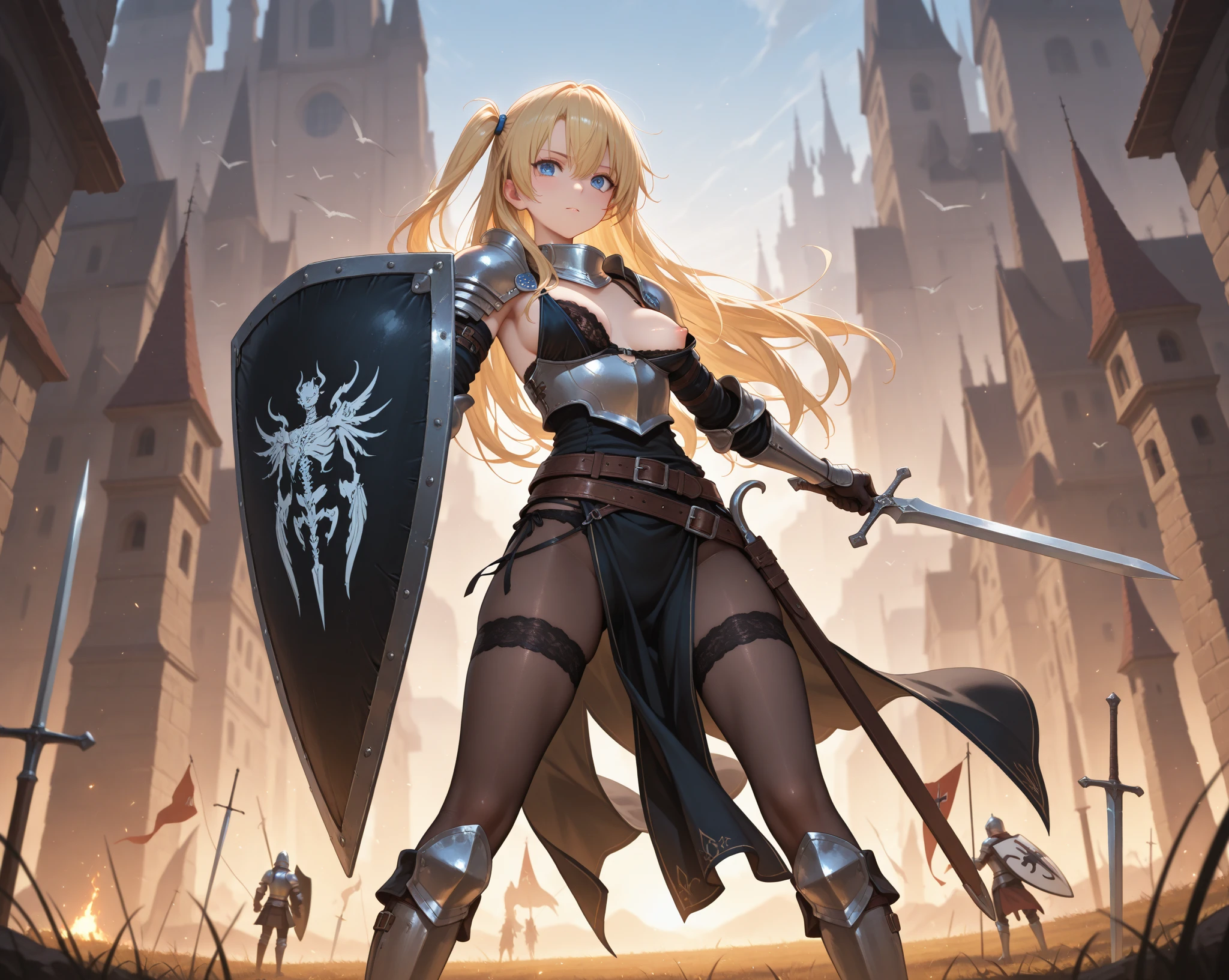 (masterpiece, best quality), (absurdres), (ultra detailed, 8K, ultra highres:1.2), 1girl, <lora:more_details:0.5>, Valkyrie, armor, helmet, fighting stance, holding sword, battlefield