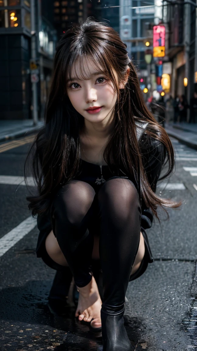 An Arad woman in a blue shirt and black skirt crouches on the sidewalk, pretty face with arms and legs, Korean girl, Casual pose, Attractive pose, Asian girl, Young Asian girl, Beautiful Asian girl, Chinese girl, Sexy style, Japanese model, korean women's fashion model, Sexy pose, She is seen wearing streetwear pieces, photo of slim girl, Cute pose