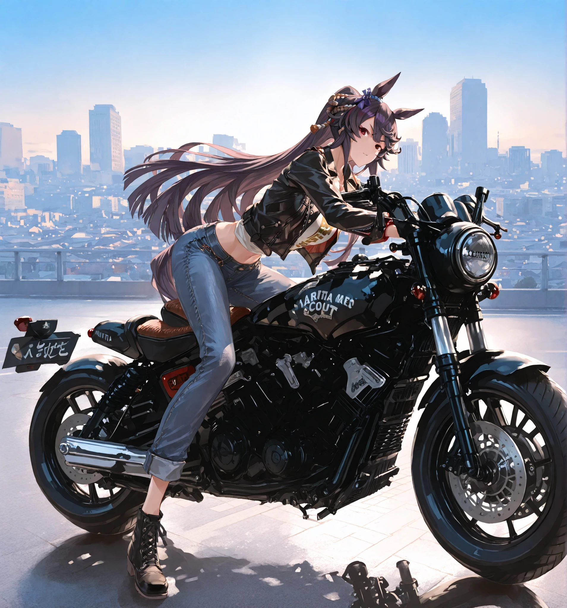 masterpiece、Narita Brian(uma musume)、yabuki、High Quality、8K、1 girl, motorcycle, Scout Bobber, Leather jacket, denim pants, ride motorcycle、Cityscape background