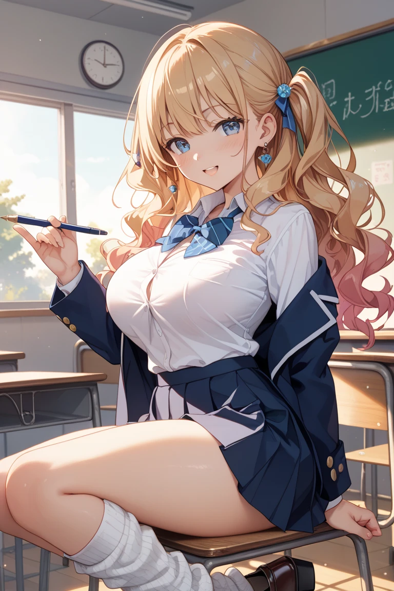 ((1 girl:1.5))、(smile:1.5)、、（cowboy shot）、(fun!!)、(white cardigan:1.5)、(blonde)、blush、(single braid)、(eye highlights:1.3)、blake black shoes,(黒いskirt:1.5)、bow, button, shirt with collar, long sleeve,  ((red bow tie, ,, white shirt, チェック柄のskirt:1.5、white socks)),, shirt,, skirt, socks, thighs, white shirt, Rest indoors, ((classroom:1.5))、 BREAK while watching the audience,cowboy shot、(skirtlift:1.3),(highly detailed white panties:1.3)、(highly detailed panties:1.3)、、(skirt that rolls up:1.3)、(fully exposed panties:1.5)、blue eyes