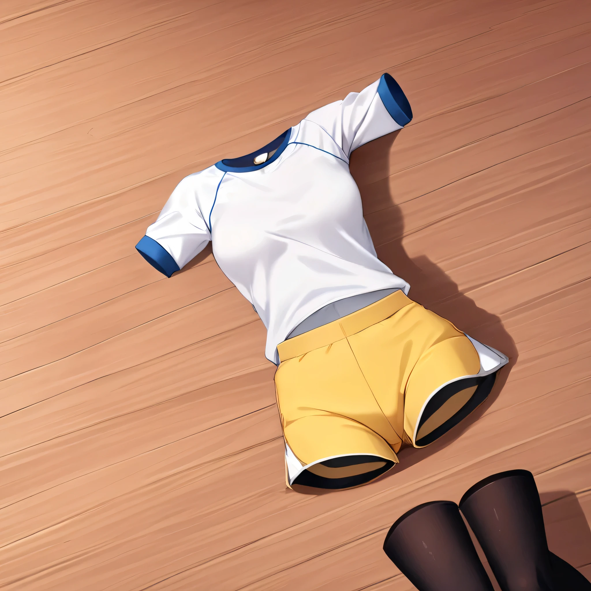 (invisible:1.5, no humans:1.5, headless:1.5, faceless:1.5), ( aarosa, shirt, raglan sleeves, short shorts, yellow shorts, pantyhose under shorts, black pantyhose, dynamic pose:1.2), lying on bed, (big breast), (best quality, masterpiece:1.2), (((detailed cloth texture, detailed anime, super fine illustration)))
