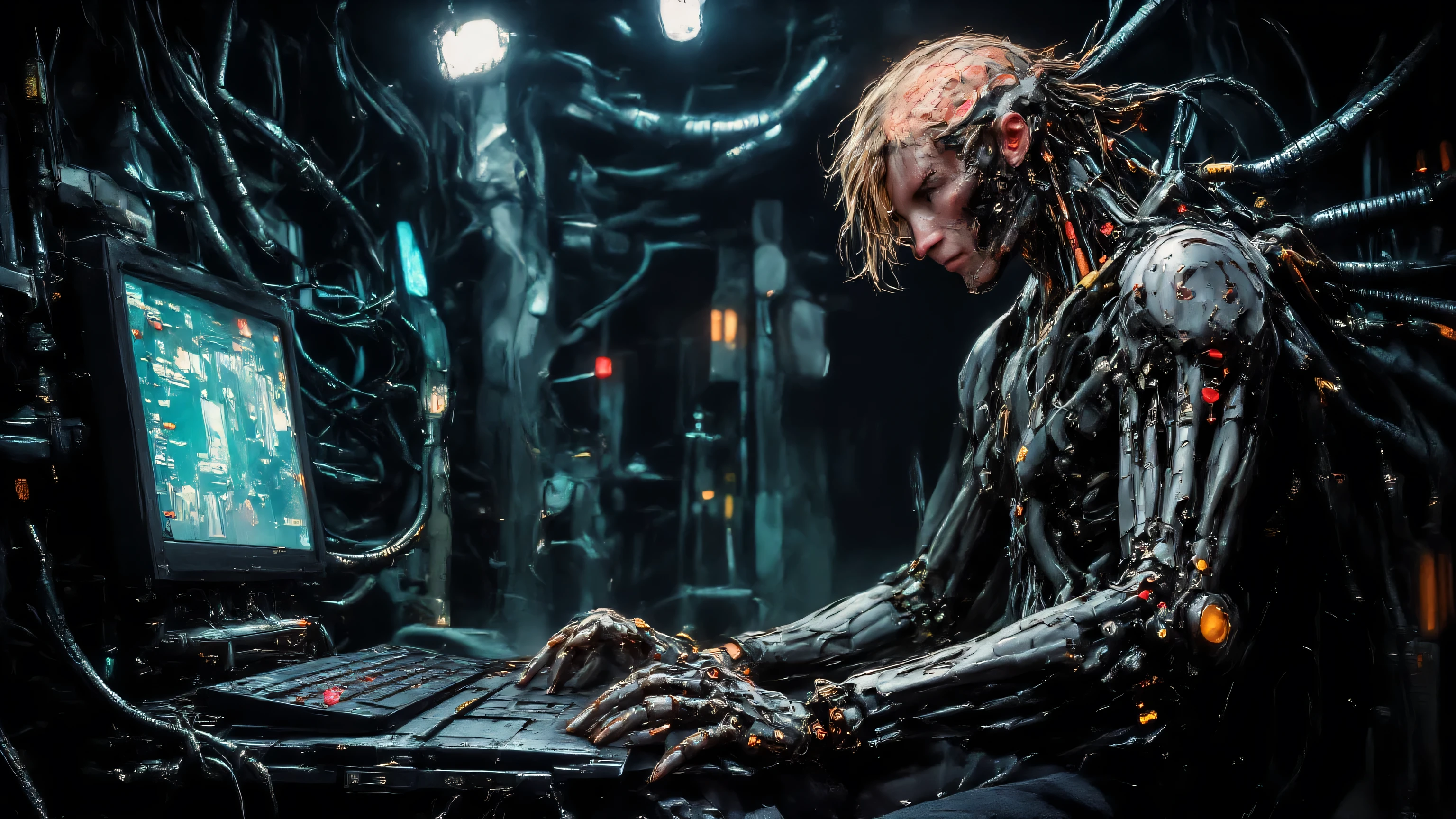 horror art, visually sharp wet and gory, visually appealing sharp and interesting textures with wet and dry textures and dynamic, creating a photo of a robot working on a futuristic computer that looks like he is programing a human with a bunch of cabling from the computer that are jacked in to the backbone and brain of the human android in a floating surgical chare, some harsh lighting creates a serious horror atmosphere, the human appears to be in horror and fear with his eyes staring at the robot android working on the computer.