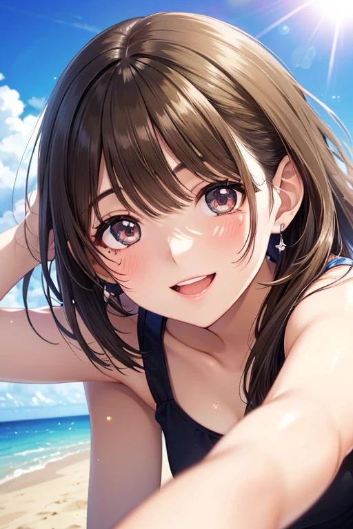 REALISTIC POTRAIT OF A WOMEN SHOT WITH TILT SHIFT LENS , TAHITI ISALAND WOMEN, CURVY BUT FIT WOMEN , CURLY HAIRS , SHINY SKINS , BEAUTIFUL EYES , FASHION PATTERN BIKINI, BIKINI POSE , GOLDENHOUR LIGHTING , WHITE TEETH SMILING , FULL POSE