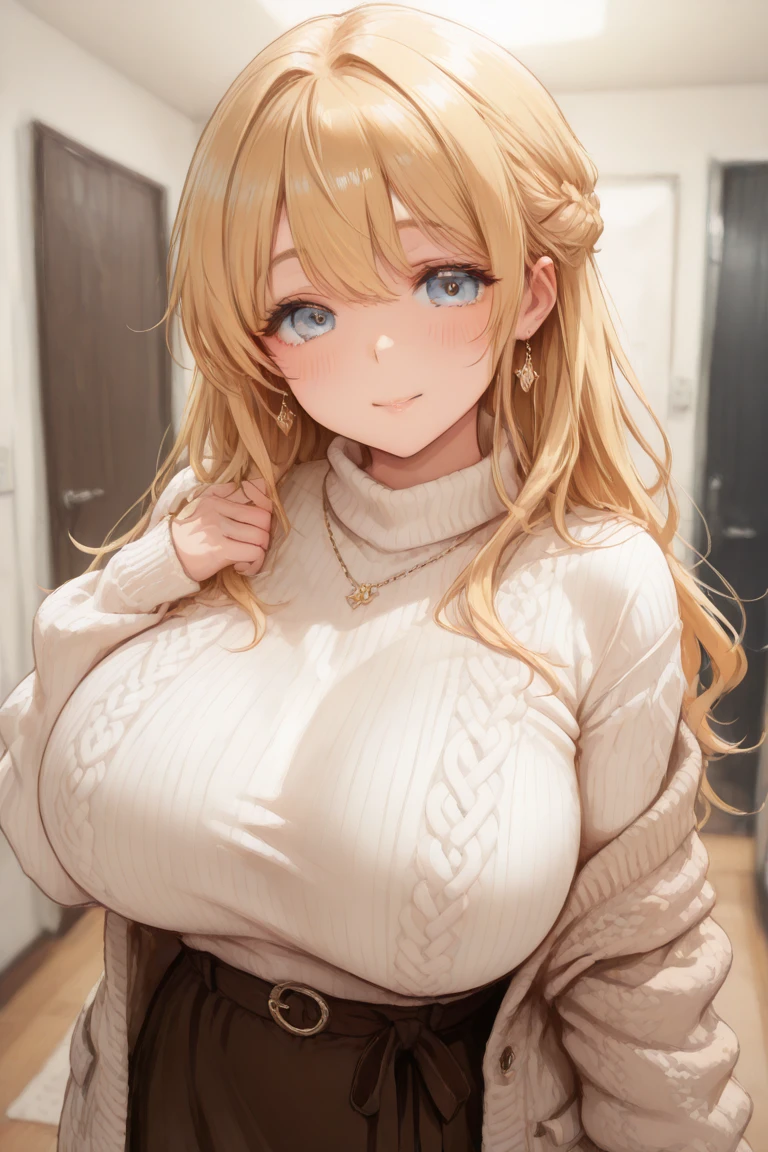blond haired woman in a grey sweater posing beside a window, morning light, hands behind head, no pants, blonde anime girl with long hair, realistic 3 d style, casual pose, photorealistic anime girl render, realistic shaded perfect body, seductive anime girl, hyperrealistic , [ 4 k digital art ]!!, (two heads), large breasts, sweater tent