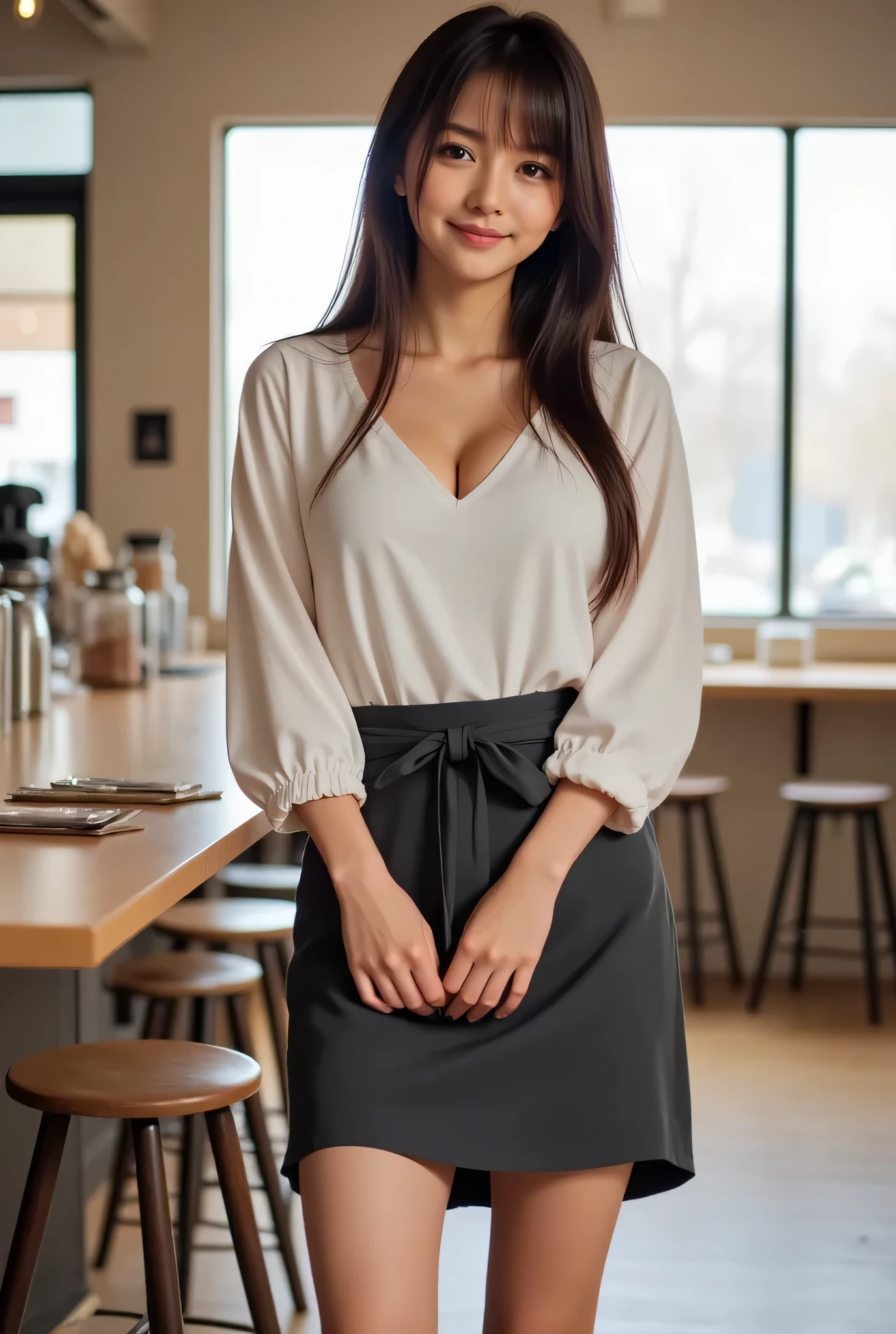 A full-body image of a young woman in her early 20s with long straight black hair, standing at a coffee shop counter, about to take an order. She is wearing a snug white shirt that subtly emphasizes her curvy figure, a dark apron tied neatly around her waist, a short skirt, and casual sneakers. She has a graceful, slightly busty silhouette, standing confidently with a soft smile. The scene is set in a cozy modern café with warm natural lighting, cinematic atmosphere, DSLR quality.