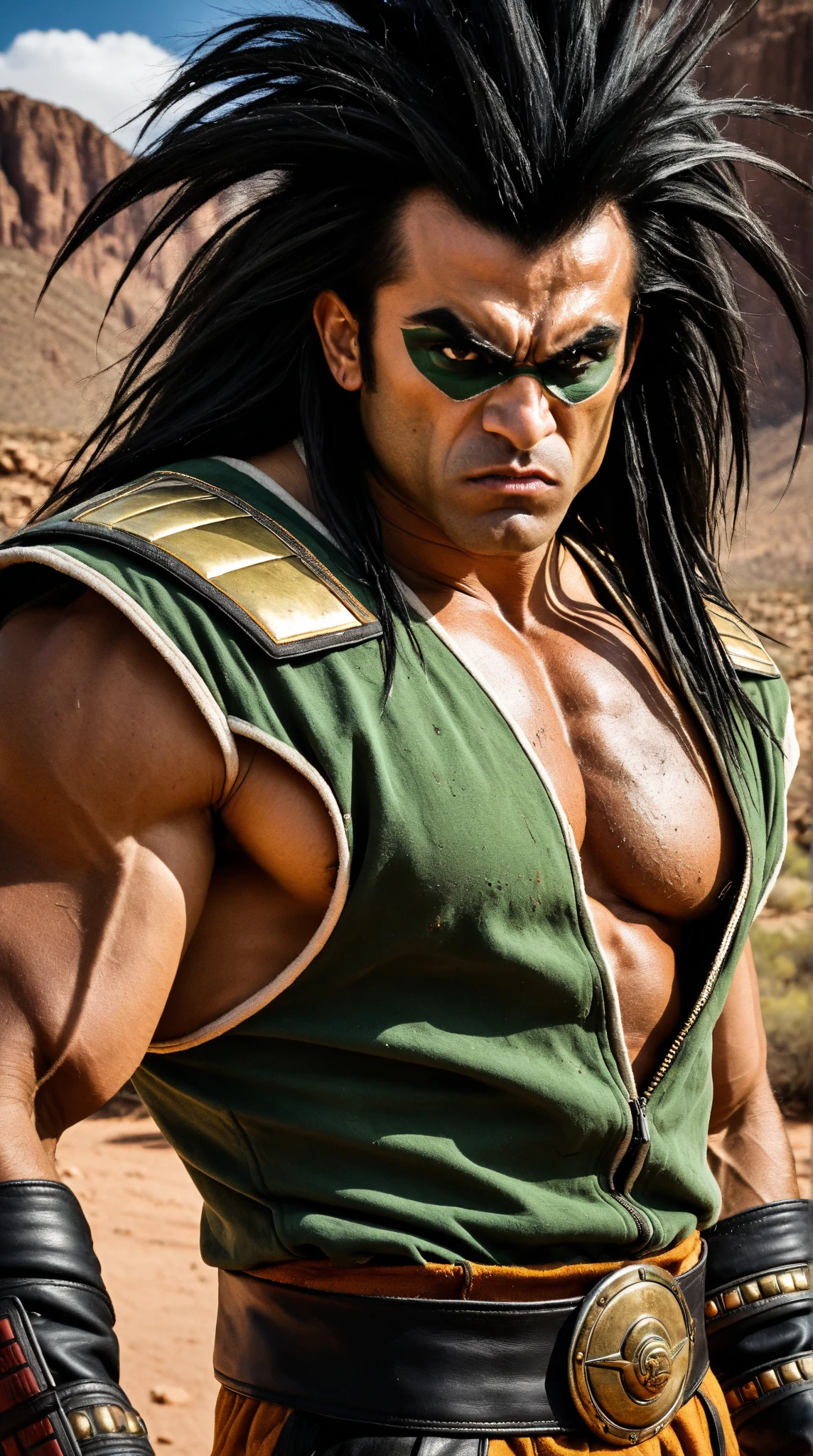 A Strong brazilian indigenous wearing green gloves, green belt with pouches, green cuffed boots, green ammo belts in the chest, holding na stylized bow