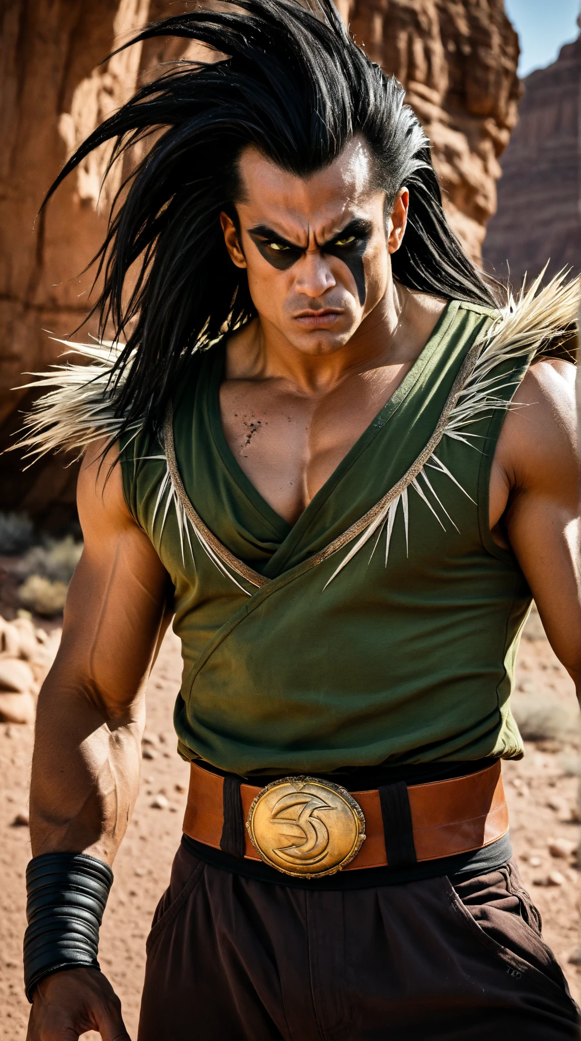 modelshoot style, (extremely detailed CG unity 8k wallpaper), (closeup:1.1) of  sking a muscular man with wounds crouching in front of a (oasis:1.2) dramatic hard lighting, cinematic fast blurred, blurred background, cinematic soft focus , Sony a7III 85mm f/1.8 , 8K , Best quality  <lora:sking:1>