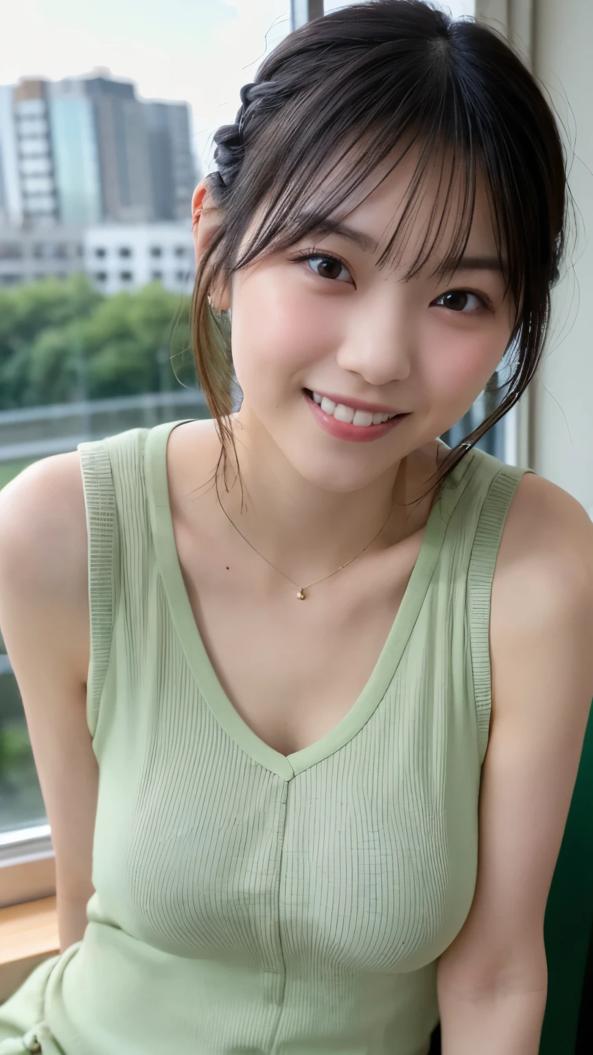 1 Japanese beauty , depth off field, first-person view, f/1.8, 135mm, Nikon, ultra high definition, retina, masterpiece, accurate, anatomically correct, textured skin,Very white skin、 clear skin 、 Super Detail, high detail, high quality, Best Quality, high definition, 1080P, high definition, 8k, (big boob:1.4), Japanese beauty 1 person, (Big round eyes:1.4).(she has heterochromia, and her eyes are different colors, which makes her incredibly captivating)、(Drunken Blush Makeup)、round face、She is smiling very happily、INSANELY BEST SMILE、is smiling with her mouth open、Her front teeth are neatly arranged、cute little vampire fangs、(Braided Top Knot,twisted side part ponytail、Braided Headband,half up、Braided Space Bang,voluminous fishtail braid,Twisty Bang)、(She is wearing a tight tank top of ribbed material with buttons on the front(deep green:1.5))、break、(She's wearing a see-through panties)、She is in an IT firm's office at sunset、break,She is sitting in a window seat、I can see a skyscraper city out the window