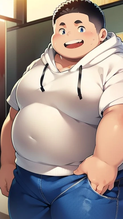 beautiful, chubby, (very short hair), (pudgy face), (naughty), (handsome), thick, overweight, beefy, (nipples), (cute), (little brat), (naughty brat), (へそ), ぽっちゃりした体, big belly, 汗ばんだ体, (臭そうな体), (naked), (nude), (small penis)