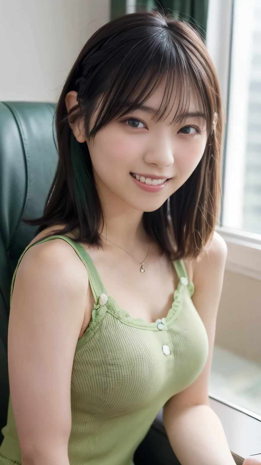 1 Japanese beauty , depth off field, first-person view, f/1.8, 135mm, Nikon, ultra high definition, retina, masterpiece, accurate, anatomically correct, textured skin,Very white skin、 clear skin 、 Super Detail, high detail, high quality, Best Quality, high definition, 1080P, high definition, 8k, (big boob:1.4), Japanese beauty 1 person, (Big round eyes:1.4).(she has heterochromia, and her eyes are different colors, which makes her incredibly captivating)、(Drunken Blush Makeup)、round face、She is smiling very happily、INSANELY BEST SMILE、is smiling with her mouth open、Her front teeth are neatly arranged、cute little vampire fangs、(Braided Top Knot,twisted side part ponytail、Braided Headband,half up、Braided Space Bang,voluminous fishtail braid,Twisty Bang)、(She is wearing a tight tank top of ribbed material with buttons on the front(deep green:1.5))、break、(She's wearing a see-through panties)、She is in an IT firm's office at sunset、break,She is sitting in a window seat、I can see a skyscraper city out the window