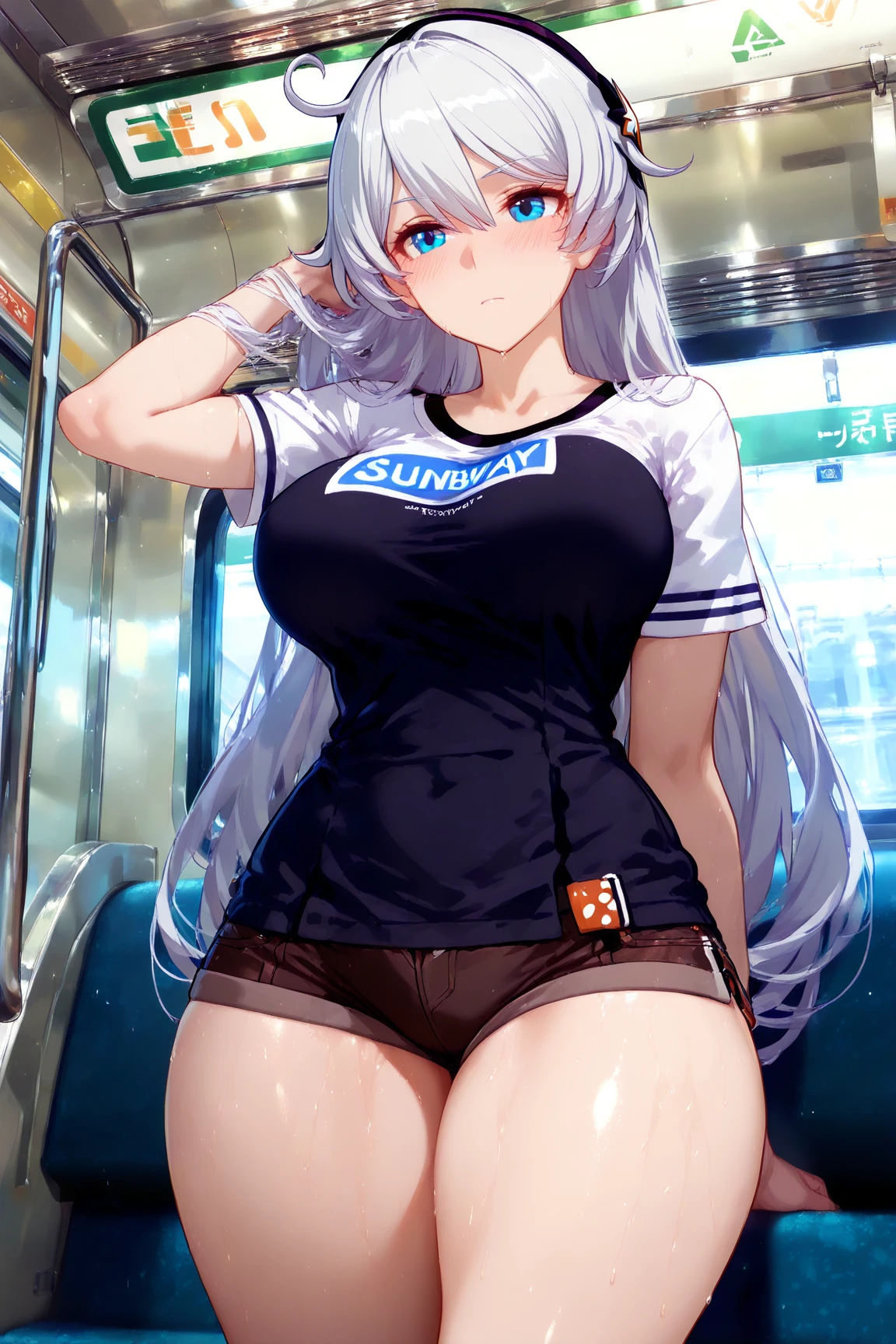 (((masterpiece))), ShizukaMikazuki, One Girl, alone, Looking at the camera, Long Hair, Gray Hair, Long sleeve, Cleavage, Very large breasts, Mature Body,Adult face,clavicle, Jacket, Open clothes, open Jacket, blue hoodie, Black sports bra, Black hot pants, choker with a charm,Play sports often,bicycle,Clear light blue eyes, Blushing,smile,Faintly visible abs,Earrings,Golden navel piercing,Park at dusk, Holding a sports drink