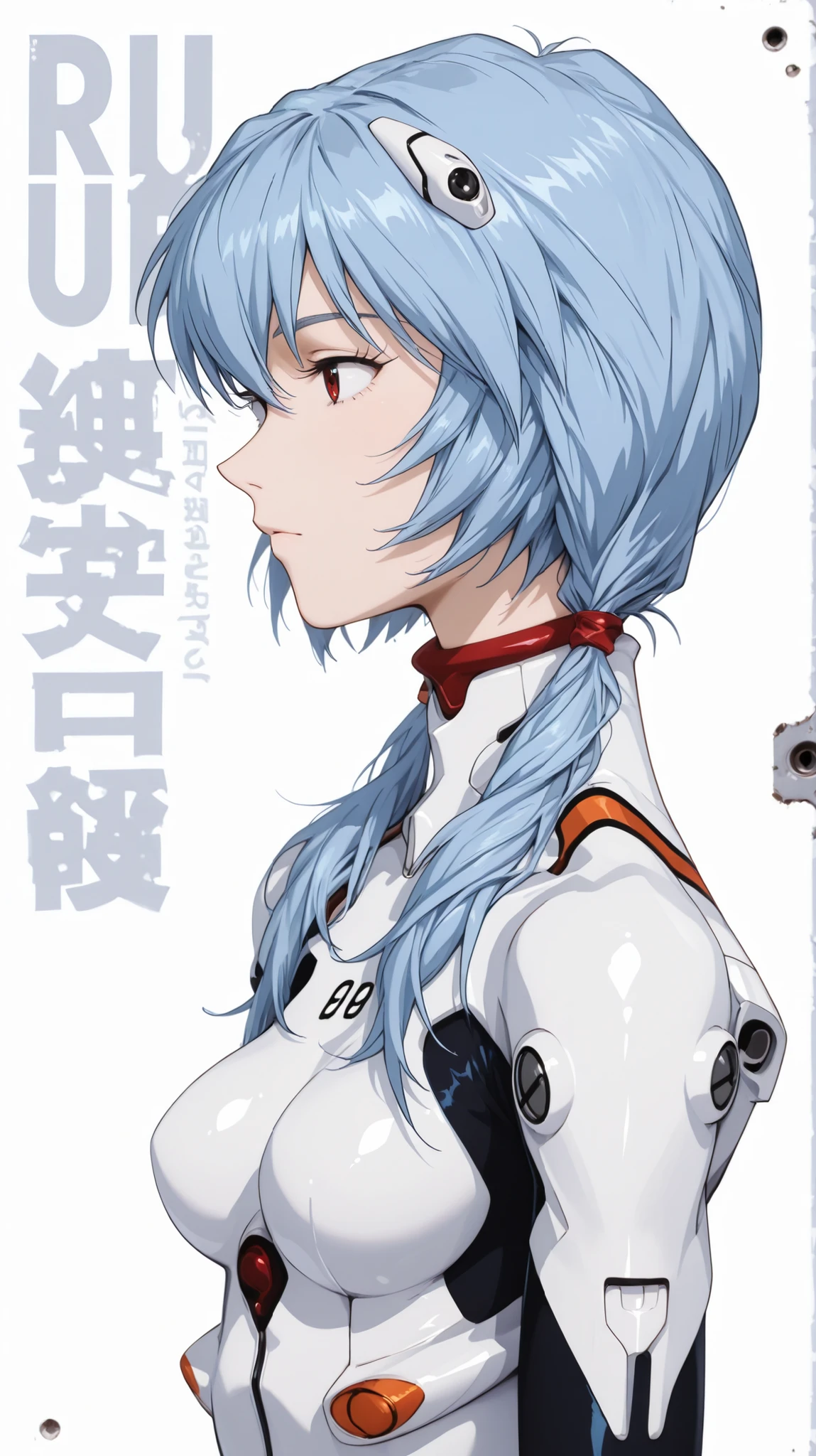 Ayanami Rei
Ayanami Rei、girl in black、twin tails、white bodysuit、plug suit on background、pilot suit、profile、upper body up、simple white background