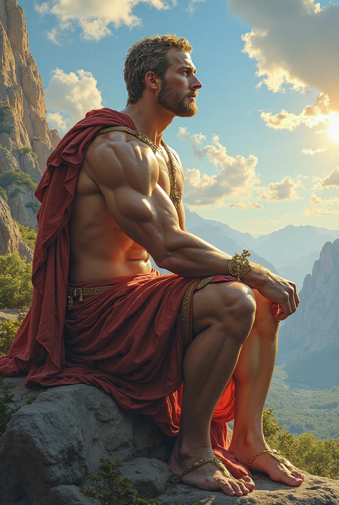 Mighty gladiator Stephen AMELL, chest uncovered, lower body revealed from thighs to feet, cascading long curls, detailed muscular physique, lifelike depiction, 32K resolution. Background: Colosseum during a spectacular sunset,32k uhd, best quality, masterpiece, super detail, high details