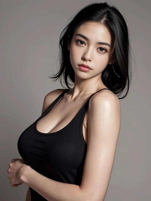 Lisa light long hair, Lisa face shape, black vest, Sexy, Naked waist, bare shoulders, black yoga pants, long legs, background gray, masterpiece, superlative, actual, HD, photography lighting, 16k