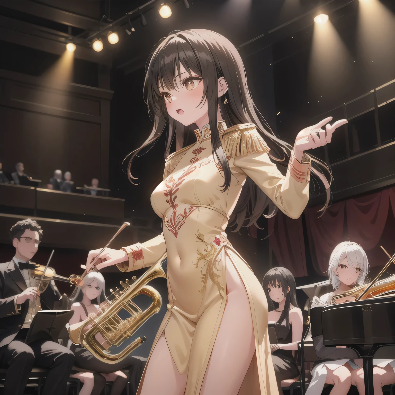 Depict a 20-year-old, dazzlingly beautiful woman playing a brass instrument in a grand concert hall. She wears an elegant yet practical band uniform, designed with intricate gold embroidery. Her posture is poised, fingers positioned with precision, her eyes focused as she plays passionately. The warm stage lighting highlights the shine of her instrument, creating a visually striking contrast between her and the surrounding orchestra. Dark hair, long hair, brown eyes.