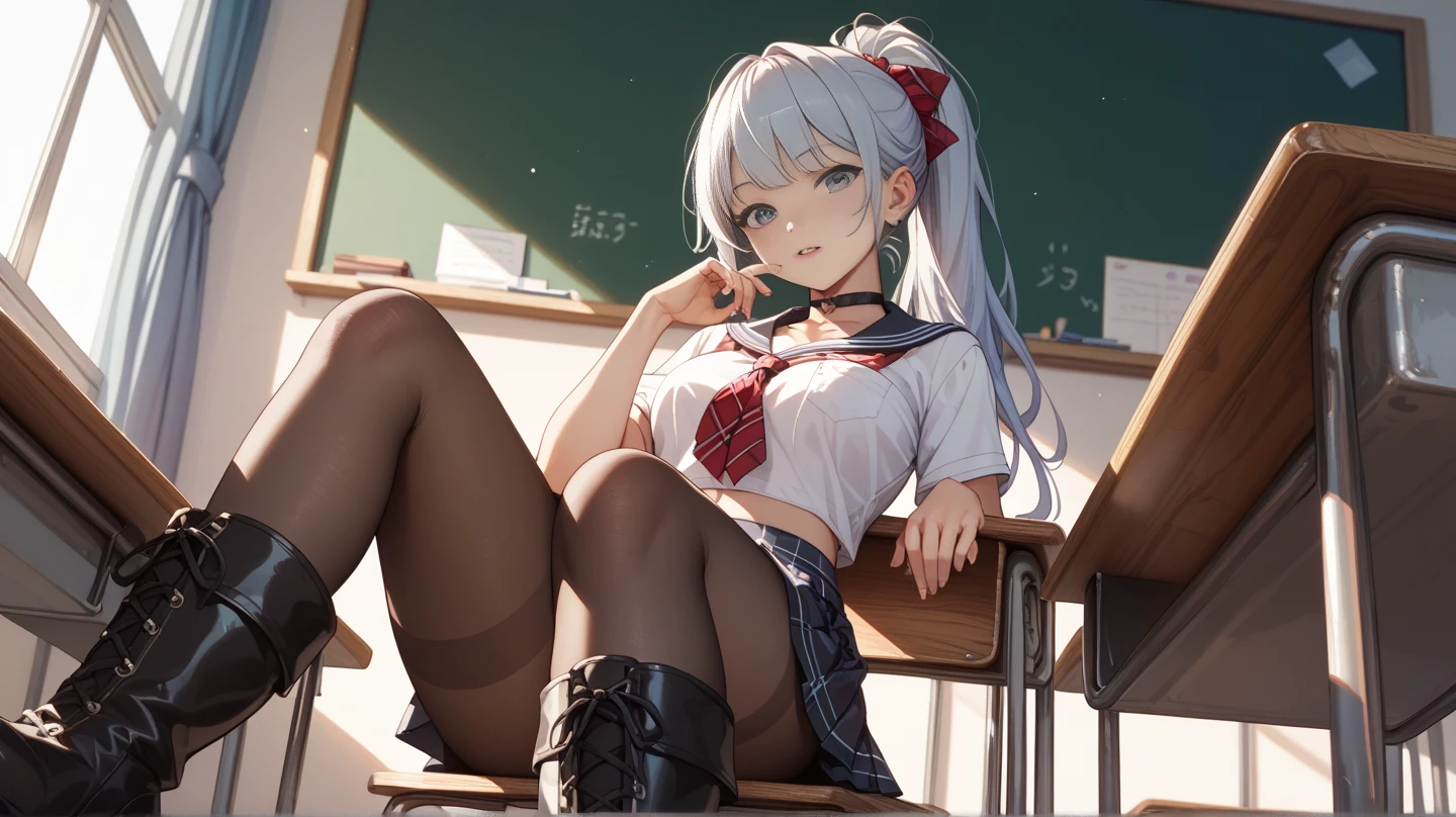 top-quality、Full limbs、complete fingers、Slender beauty、ssmile、Wearing a school swimsuit、She is wearing a white long-sleeved blouse with open buttons、Wear knee-high socks、darkened room、Lean forward and look at me、Put your hands on your buttocks、Raking up your hair