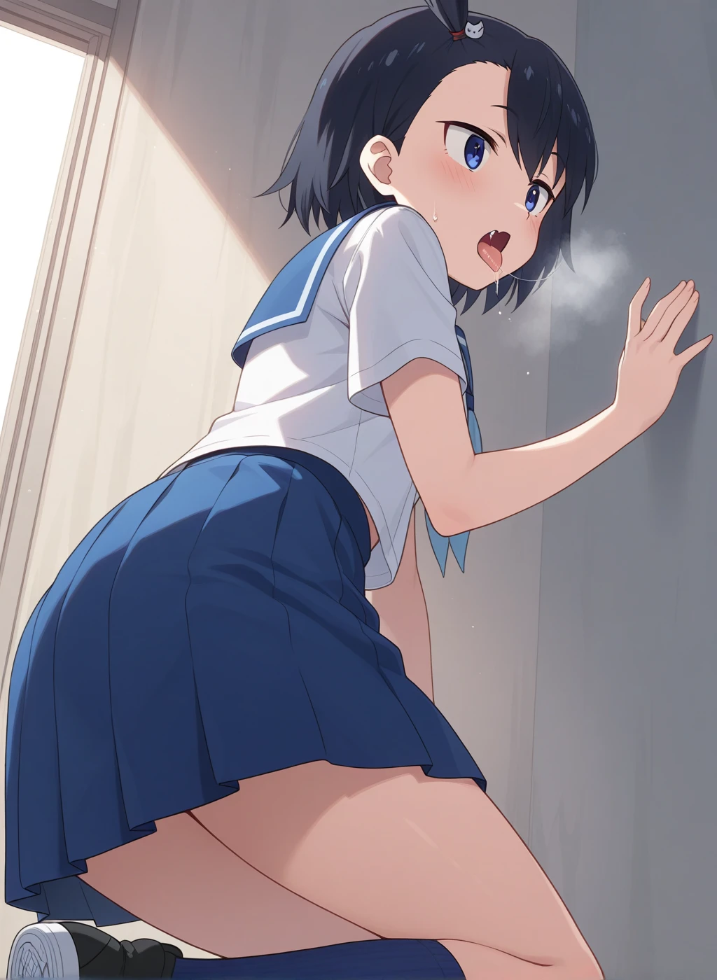 (Highest quality:1.2, Manga works, Manga style, Very detailed, Latest, Vibrant, digital coloring, High Contrast, masterpiece:1.2, Highest quality, Best aesthetics, There is), ((( 1 female:1.2)))、Random hairstyle、Random Face、Sailor suit、loafers、(White shirt、Pleated skirt、Knee-high socks、White simple panties:1.2)、Beautiful thighs, Open your mouth、Sensual look、shout、Hollow Eyes、Voluptuous bust、Camel Toe、On a desk in the classroom、From below、Nice body、upright、Stand with your feet apart、(Both hands are chained:1.3)