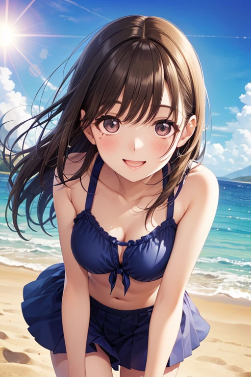 (masterpiece、top-quality、hight resolution、photos realistic、real looking skin:1.1)、Japan girls at 15 years old、full bodyesbian、(very small breasts:1.5)、ruffle bikini、Beautiful eyes、Shining eyes、embarrassed from、Short side ponytail、is standing、(arms behind back:1.5)、Sunnyday、beautiful ocean、sand beach