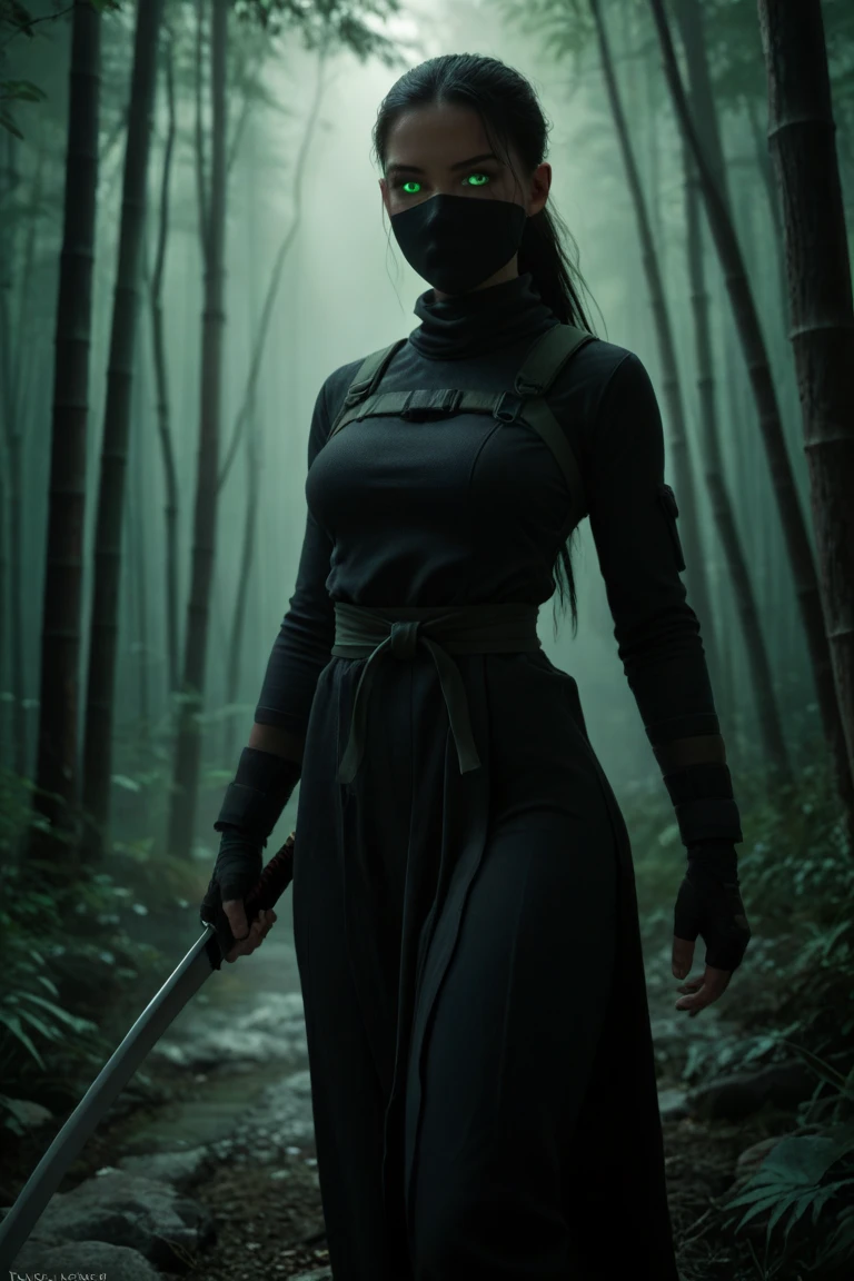 Akali, in the midst of a dense, mystical fog-filled forest, her figure barely visible, creating an air of suspense and danger. The fog plays with the shadows of her ninja outfit, revealing glimpses of her intensity. The environment is rich with ancient trees and hidden paths