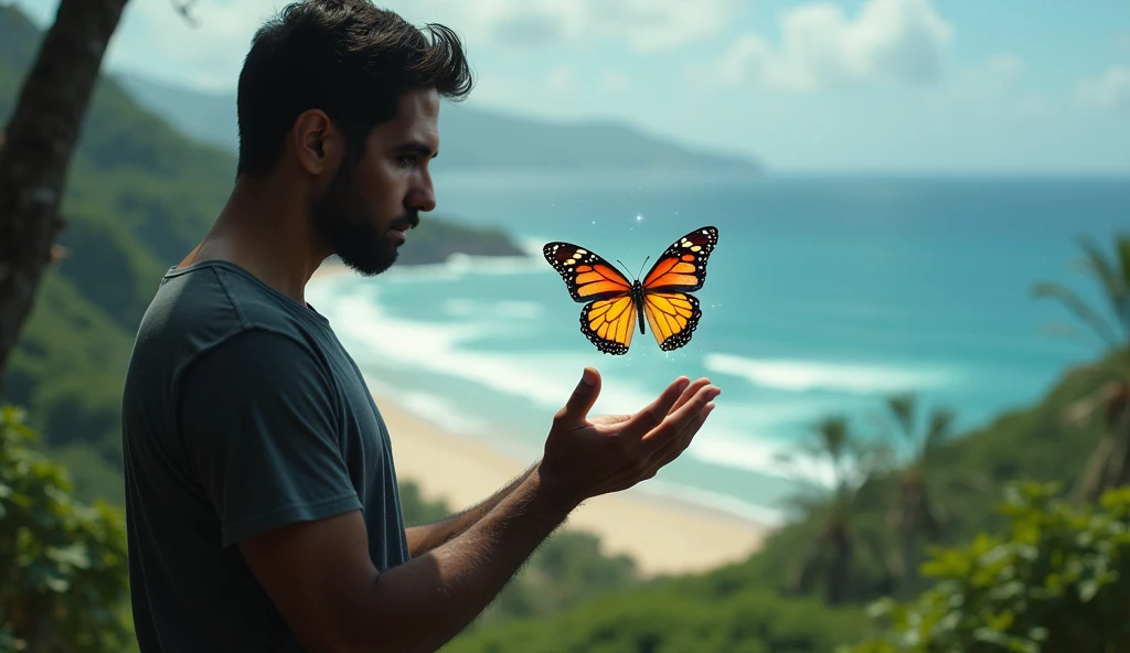 Make an image of Adam representing humanity ultra realistic image with Adam looking at the sky and two blue butterflies passing in the background of the image some birds in the sky