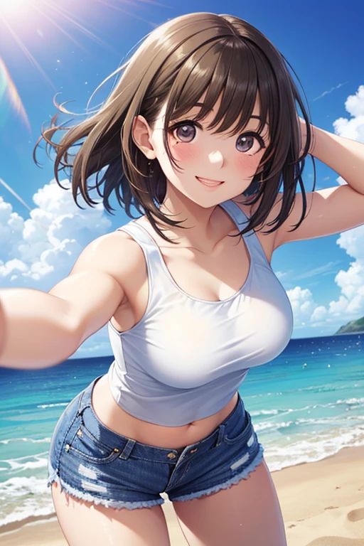 (masterpiece, Highest quality: 1.5), From above:1.3, whole body, 1 beautiful girl, alone, Brown Hair, (White tank top、 Shorts :1.3), Summer clothes, short hair, Curly Hair, Hair swaying in the wind, Keep your head small, Standard weight, (smile:1.5), Open your mouth, Beautiful views , Mediterranean cityscape, Amazing panoramic views, Dynamic pose