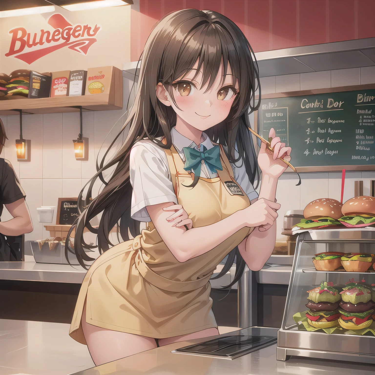 She is a cheerful girl working behind the counter at a cozy burger shop. She is wearing a cute burger shop uniform and smiling warmly at the customers. The background shows a bright and clean fast food counter with menu boards. Dark hair, long hair, brown eyes.