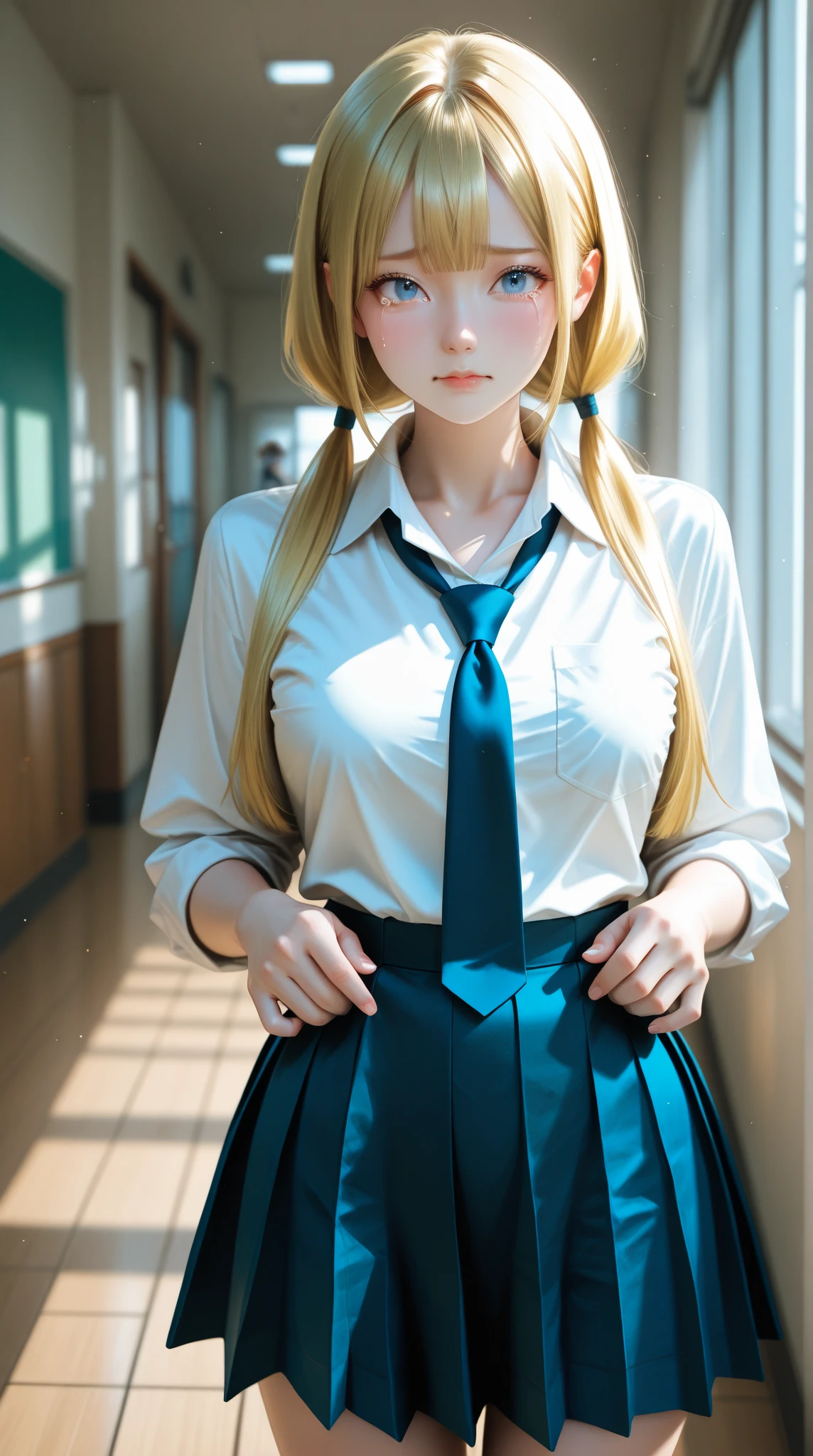 akizuki airi. oni chichi, masterpiece, best quality, super detailed, illustration, flat color, depth of field,
1 girl, young, anime, bent, street, blonde, twintails, red pleated mini skirt, wet white button-down shirt, school uniform, serafuku, blue tie, no bra, black tights, small backpack, detailed skin texture, detailed fabric texture, beautiful detailed face, big breasts, blue eyes, pregnant, tired, pink panties, wet