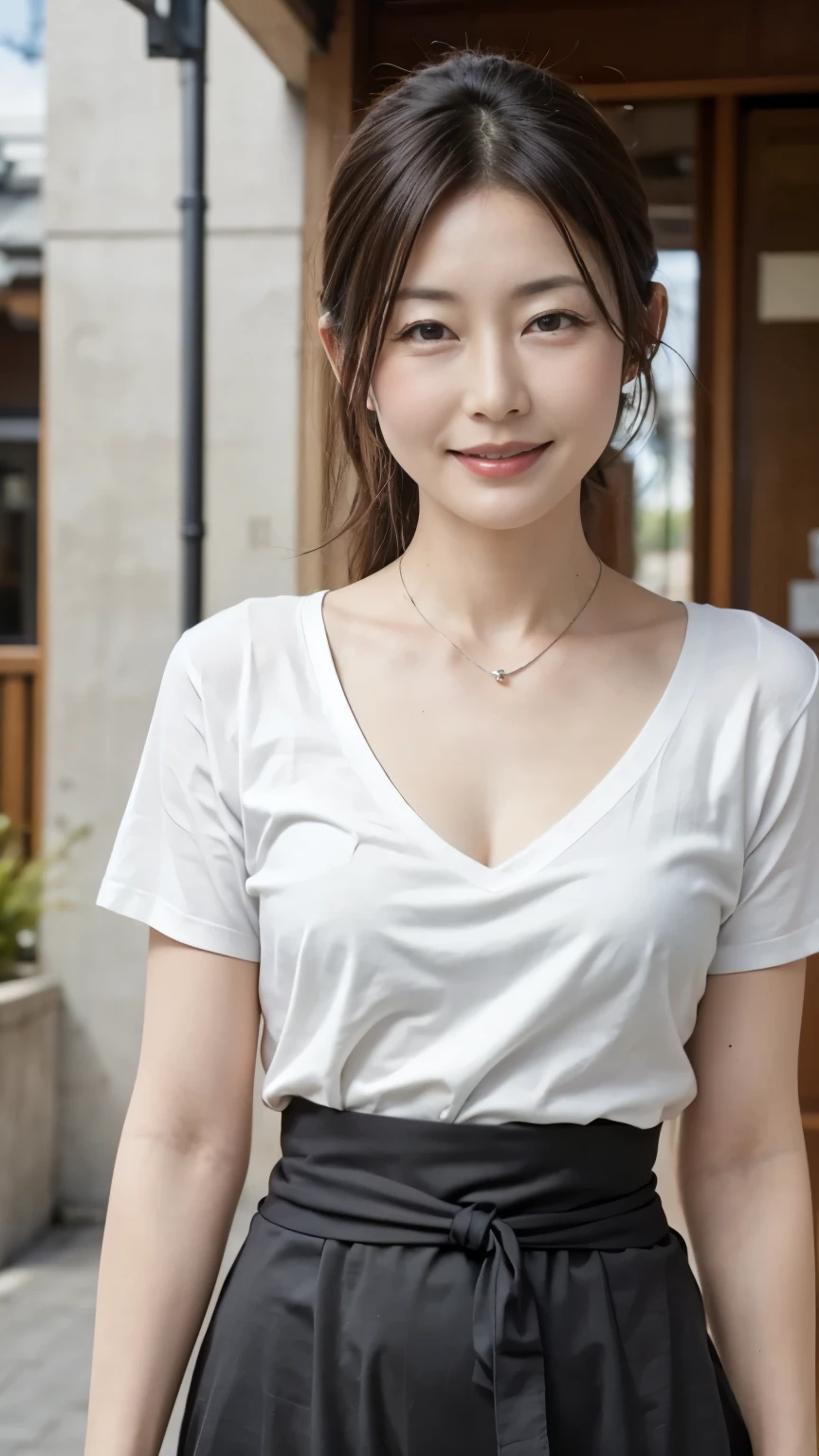 8k, masterpiece, Highest Quality, Realistic Photos, under beautiful sunlight, Japanese mature housewife, 50 years old, Small face, low ponytail, ( Chest is 95cm, waist size is 72 cm in beautiful sunlight, Size is 85cm), (short sleeve shirt and flared skirt), Narrow eyes, single eyelid, Fair skin, , red lips, silver necklace, Warm smile, Stroll around town