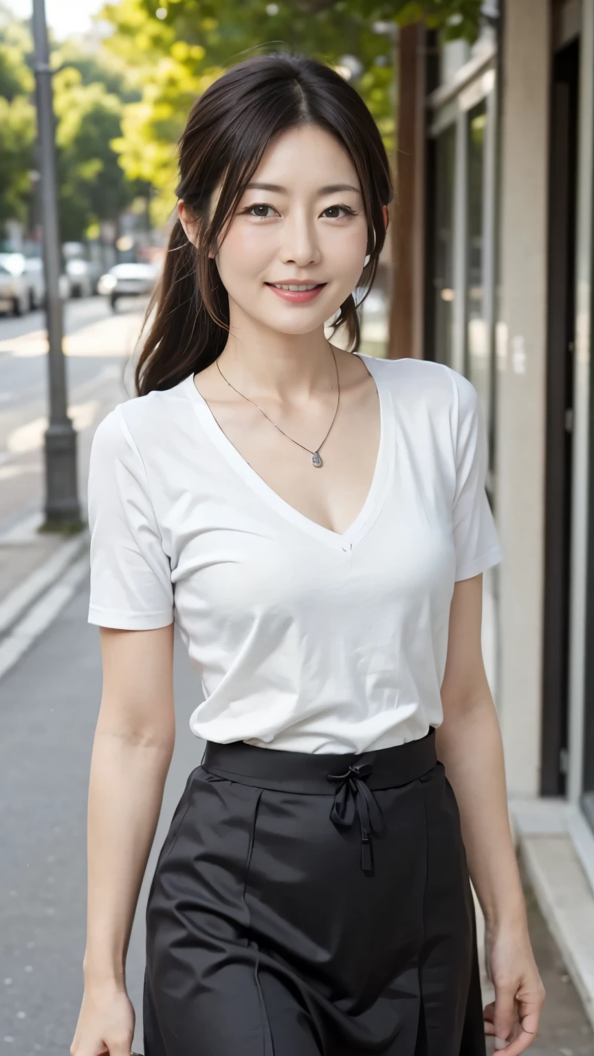 8k, masterpiece, Highest Quality, Realistic Photos, under beautiful sunlight, Japanese mature housewife, 50 years old, Small face, low ponytail, ( Chest is 95cm, waist size is 72 cm in beautiful sunlight, Size is 85cm), (short sleeve shirt and flared skirt), Narrow eyes, single eyelid, Fair skin, , red lips, silver necklace, Warm smile, Stroll around town