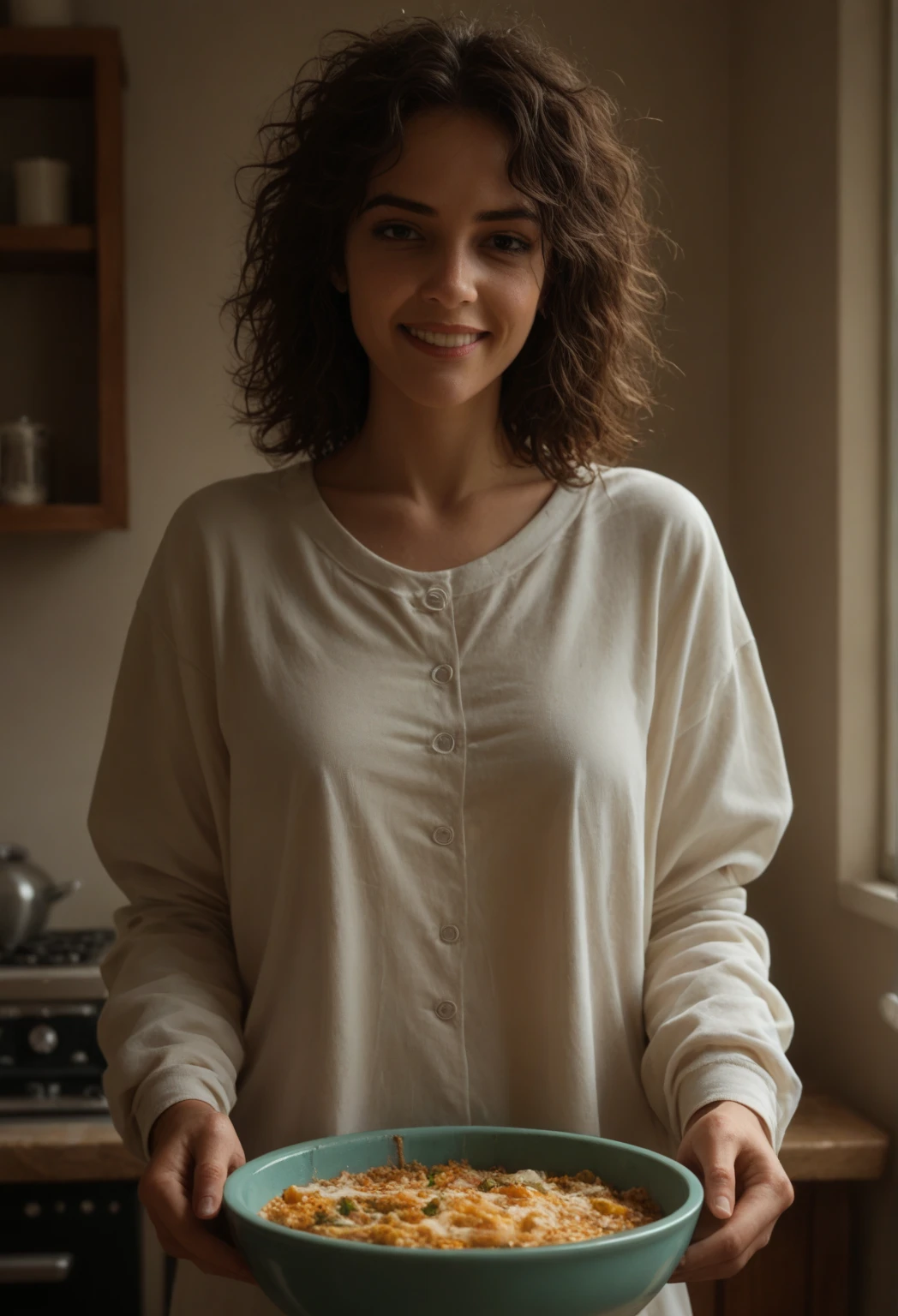 a beautiful girl, face detail, brown eyes, caucasian type, standing still in a living room, position séduisante,