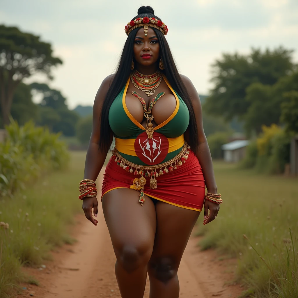 best quality, JS_Umhlonyane,1girl,tribal outfit,smile,long hair,huge breasts,sagging breasts,full body,walking,street, <lora:JS_Umhlonyane:0.7>