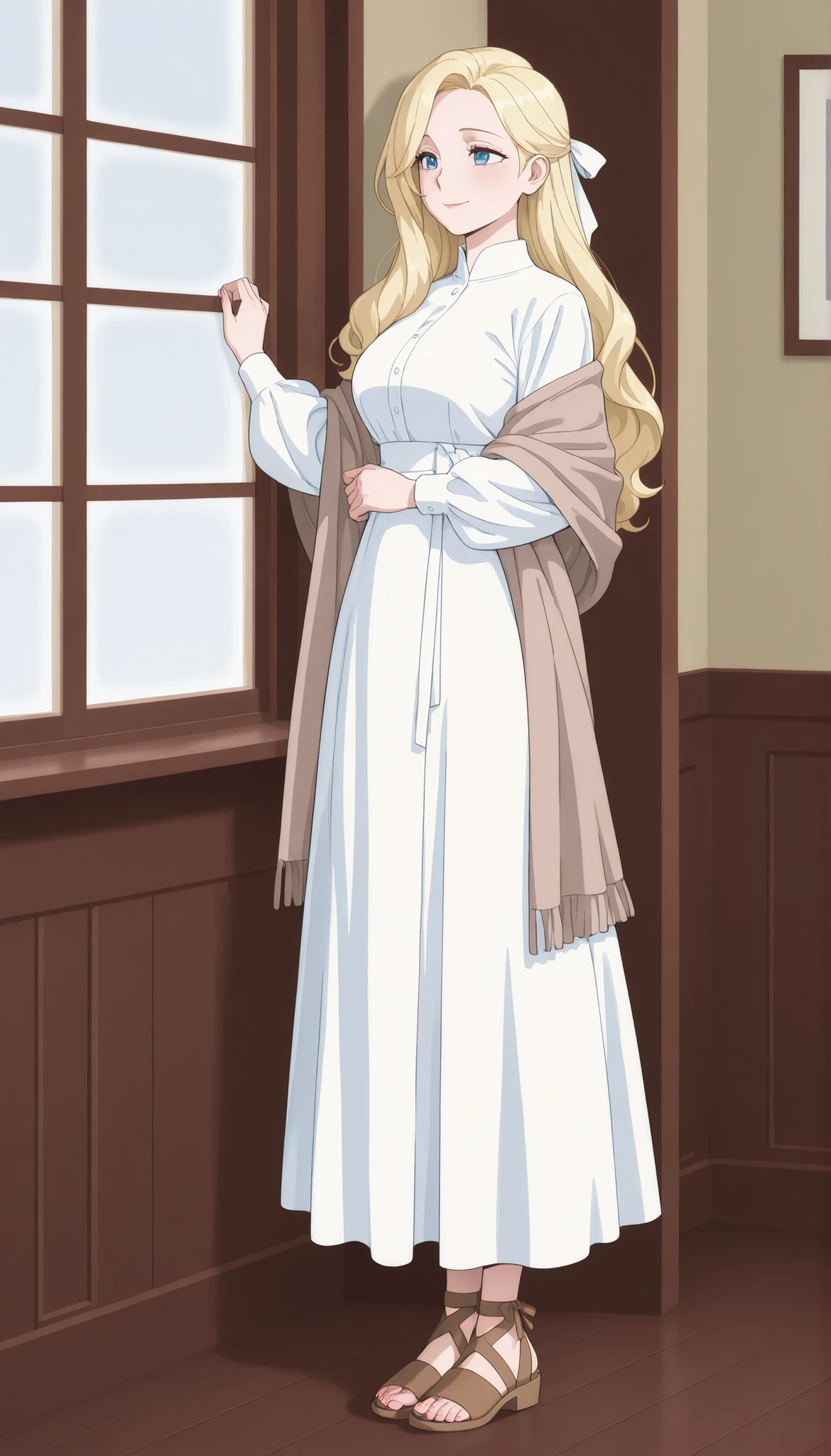 A mature beautiful woman with blond hair, extremely fair white natural skin, big blue-hazel eyes, red plump glossy lips, a small waist, and a perfect slim yet curvy body. She's only wearing a long ankle-length white garment with full sleeves, a long brown shawl draped over the garment, a hair ribbon on the side, and brown sandals. She's standing, looking out of the window, soft smile, and is in a cozy wooden cottage living room. Show her full body and super hyper-detailed.