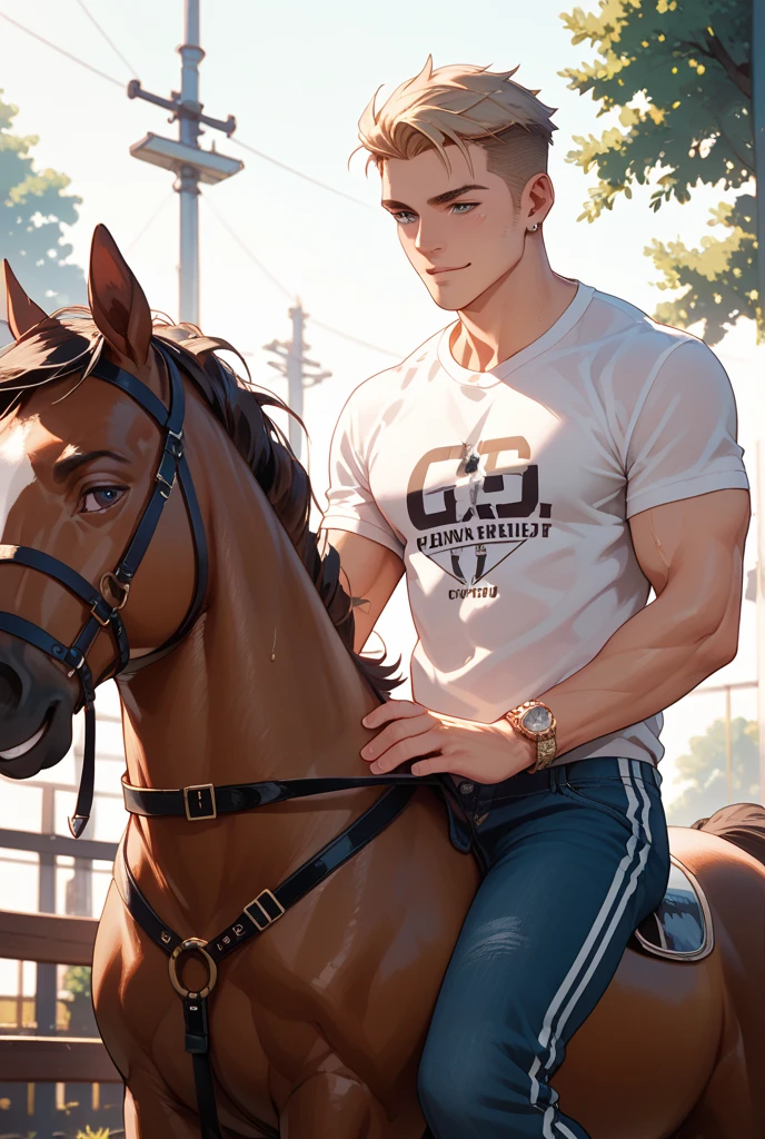 HD quality, high definition, male 18 years old handsome, muscular and slim, red lips, leaning against a horse, naked exposed crotch penis, model with bracelets, earrings and Necklace, wearing sunglasses, open vest, fully nude and naked body, eyebrowse angry, side view, wearing shoes