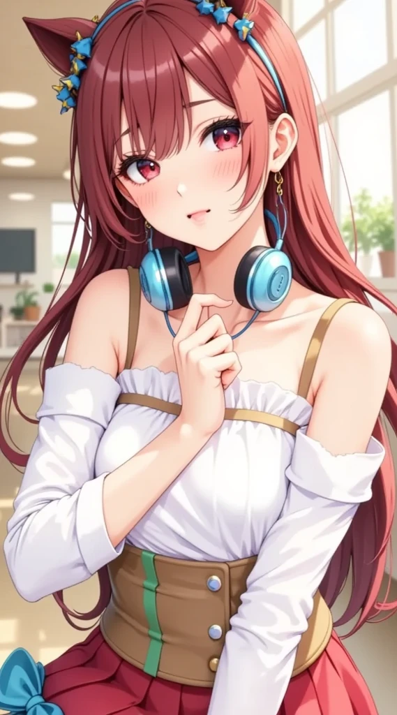1girl, solo, nakano miku, brown long hair, hair between eyes, headphones, ((kneling:1.3)), (naked:1.3), large breasts, thighs, cafe background, (blushing:1.2)