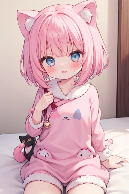 score_9, score_8_up, score_7_up, 1girl, cat ears, cute, hair ribbon, medium hair, cat tail, pink hair, sitting, on bed, (sleepy), pajamas