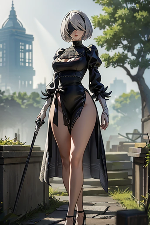 masterpiece, best quality (2b from Nier Automata),naked naked posing with apple in her mouth(ray of light: 1.05)beautiful scenery