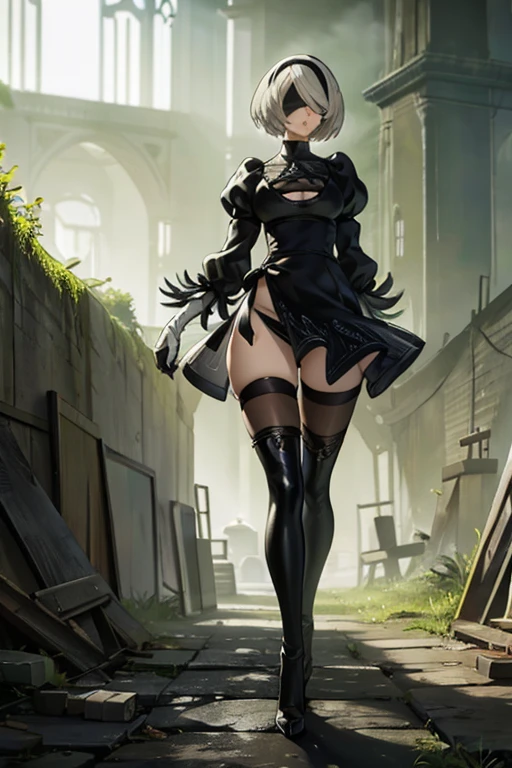 Anime style, the anime, Camera from above, Looking Up, Ahegao Face, Hentai Face, erotic pose, leaning against a tree trunk, in the clearing, running, Long Japanese Sword Behind His Back, Flying robot behind, Rectangular robot in the shape of a box, Camera from below, Frame from below, shapely legs, Black Short Skirt, voluminous short skirt,,,,,,,,,,,,,,,,,, stands on the edge of a clearing, White Hair Bob, ashy hair, The eyes are covered with a bandage, Cyan eyes, black dress with a short skirt, short black skirt, neckline on the chest, black stockings, high black boots, high-heeled boots, very extremely beautiful, Small firm buttocks, Slender figure, Full-length(Body Full 1.1),Game nier automata, ruined city, woods, overgrown with plants, Ruins, high detail official illustrations, ((beautiful fantasy girl)),Red Small Breasts, Her breasts are sticking out from under her clothes, BREAK (Master Part: 1.2), Best Quality, High Resolution, photorealestic, photogenic, Unity 8k壁纸, (illustartion: 0.8), (Beautiful detailed bluish-gray eyes: 1.6), extremely detailed face, perfect lighting, extremely detailed CGI , (perfect arms, perfect anatomy), A girl with perfect breasts, beatiful face, master study, intricate details, Detalhes realistas, the anime, (Based on nier automata) the perfect body, The Perfect Girl, perfect details, Ultra HD |, 8K, Professional photo, Anime Style 2B,